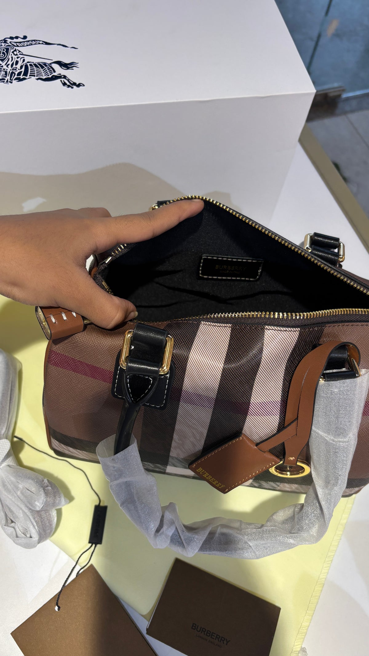 Signature Check Leather Barrel Bag