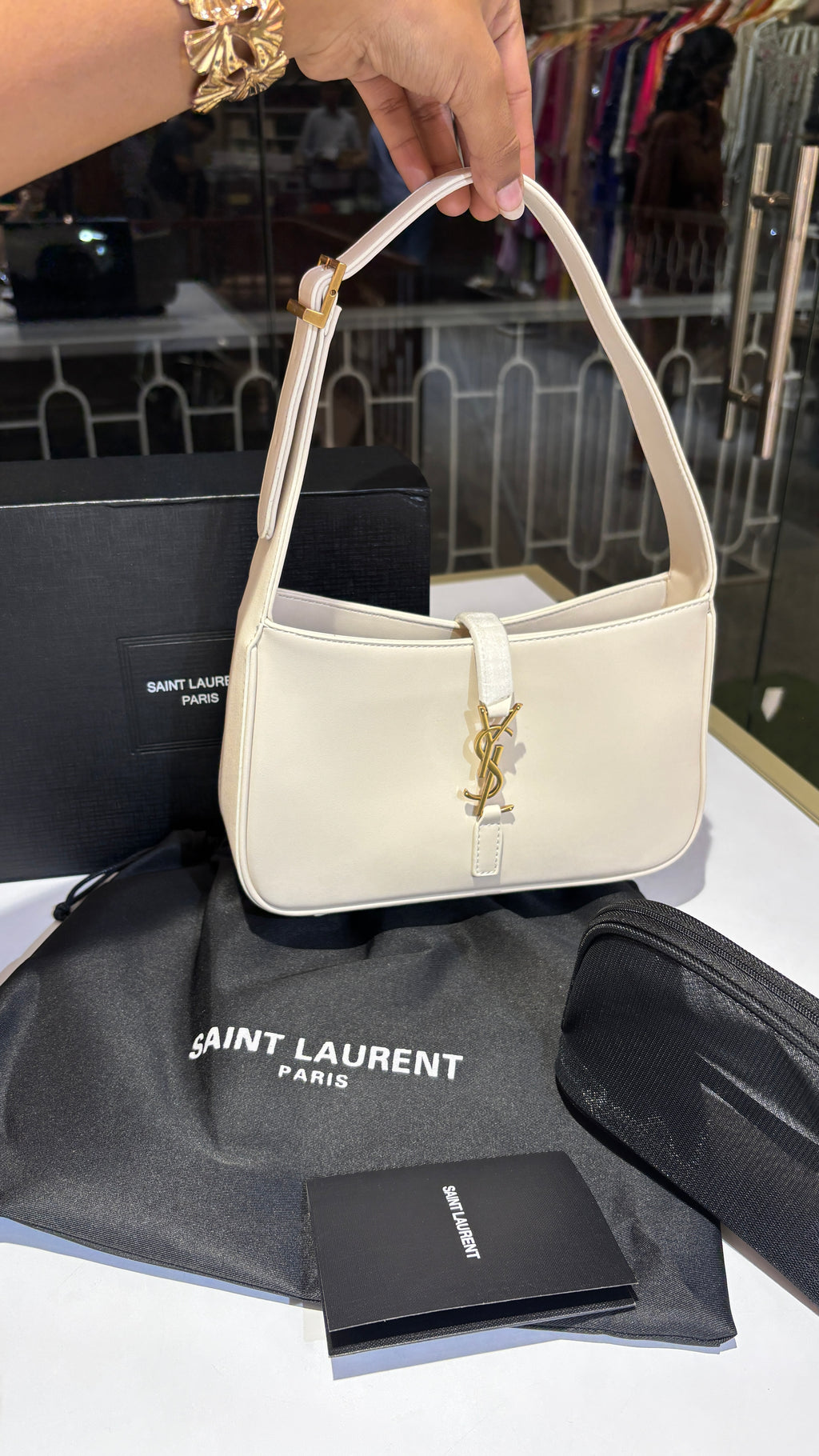 White Leather Gold-Tone Emblem Shoulder Bag with pouch