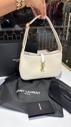 White Leather Gold-Tone Emblem Shoulder Bag with pouch