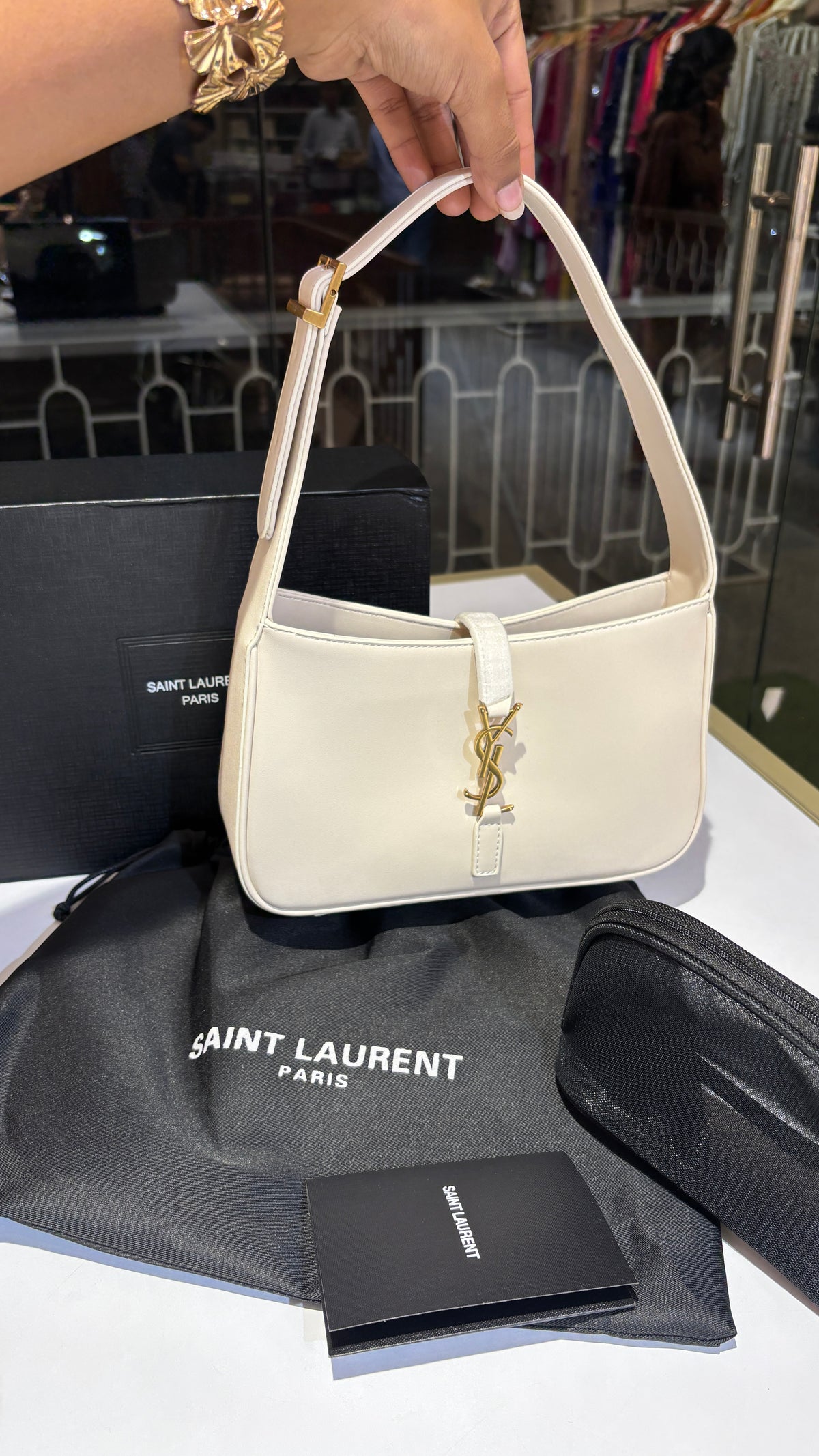 White Leather Gold-Tone Emblem Shoulder Bag with pouch