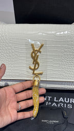 White Croc-Embossed Gold-Accent Sling Bag