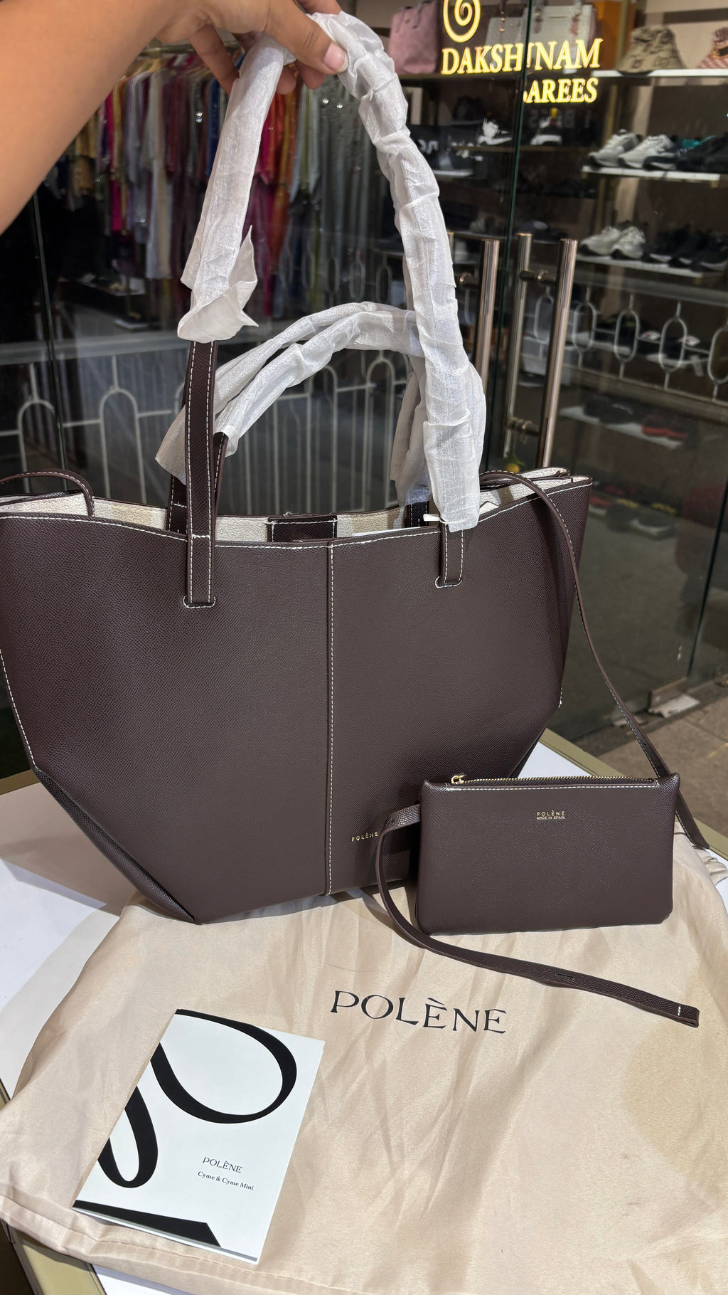 Dark brown Textured Leather Convertible Tote with Matching Pouch