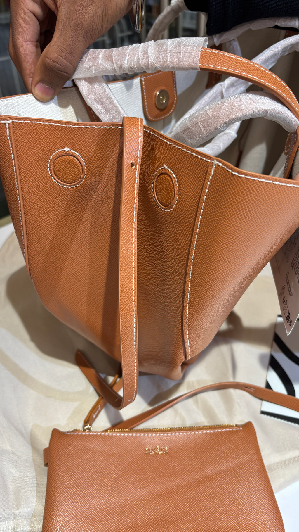 Tan Textured Leather convertibleTote with Matching Pouch