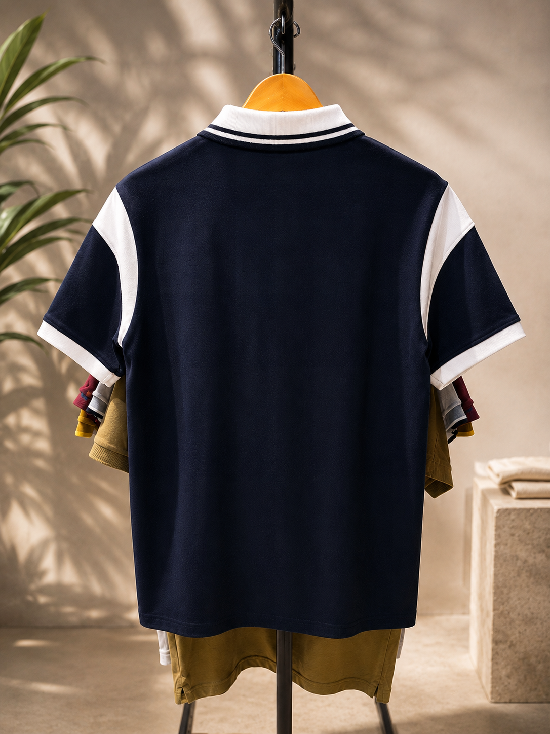 Navy Blue Varsity-Style Contrast Panel Polo T-Shirt