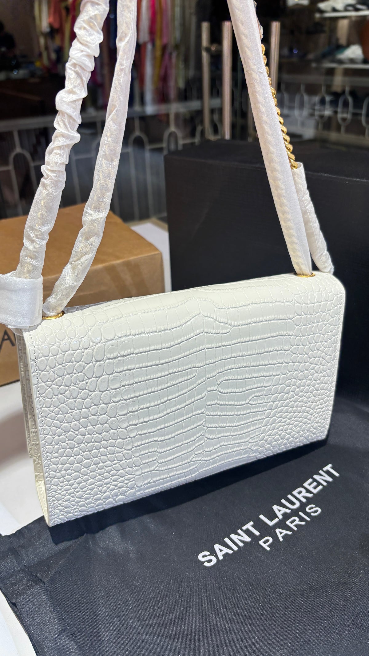 White Croc-Embossed Gold-Accent Sling Bag