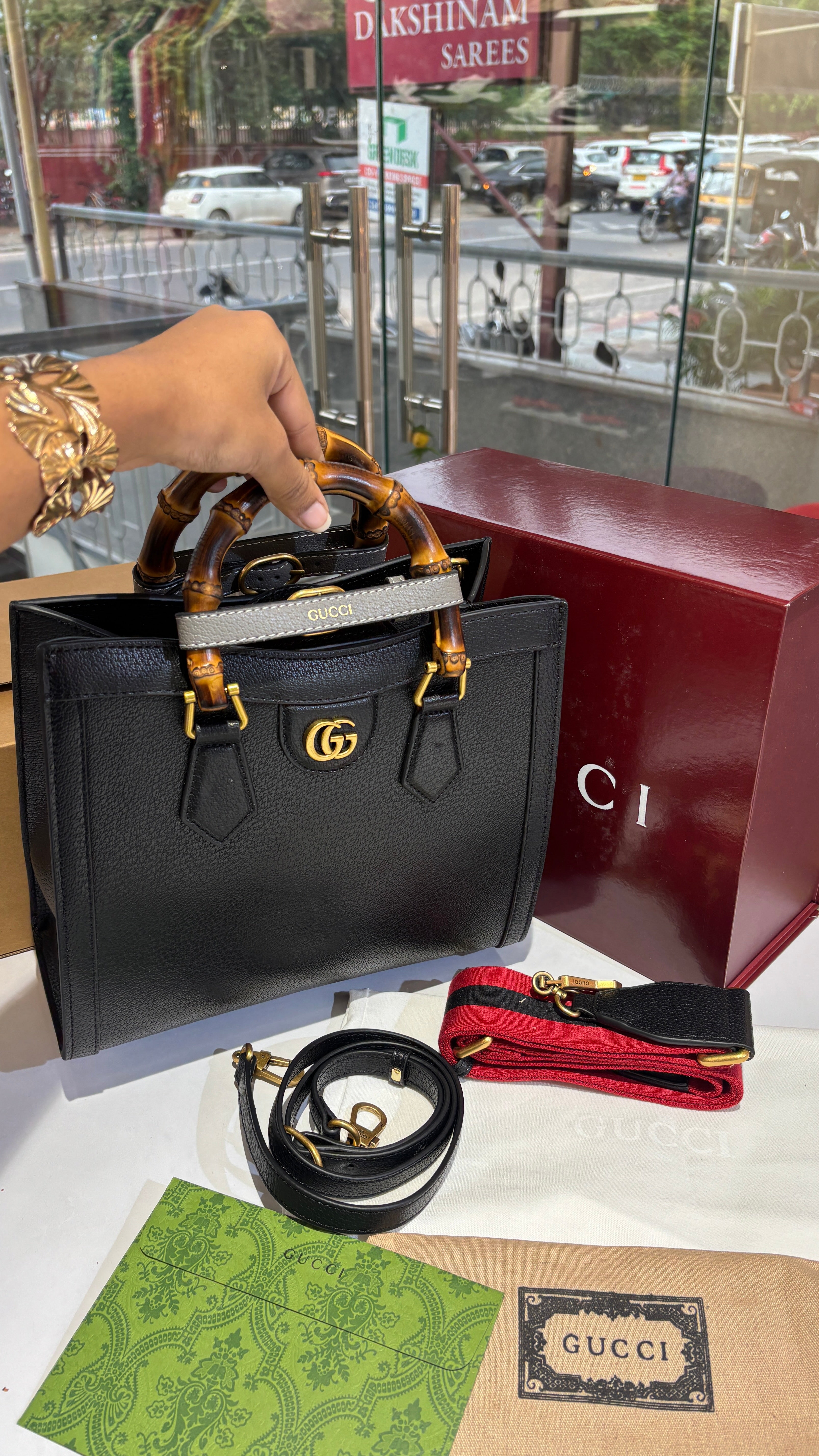 Black Tote Bag with Bamboo Top Handles