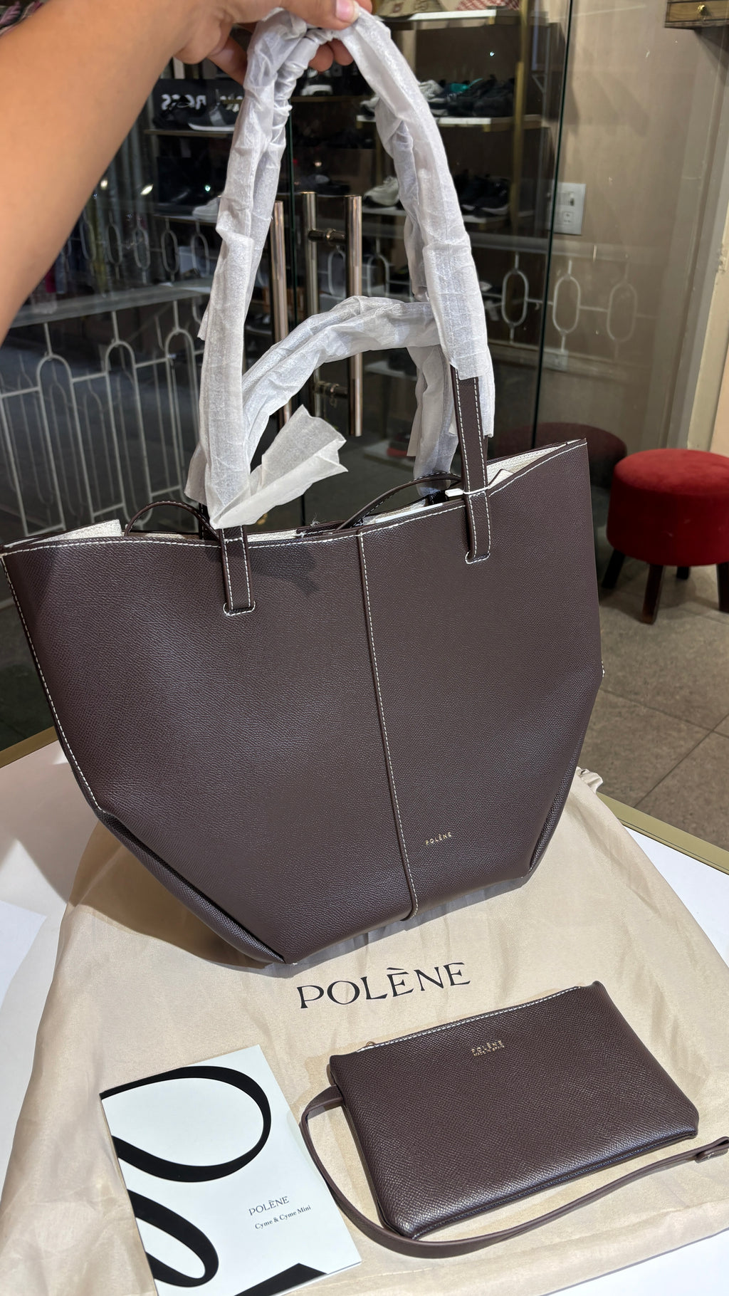 Dark brown Textured Leather Convertible Tote with Matching Pouch