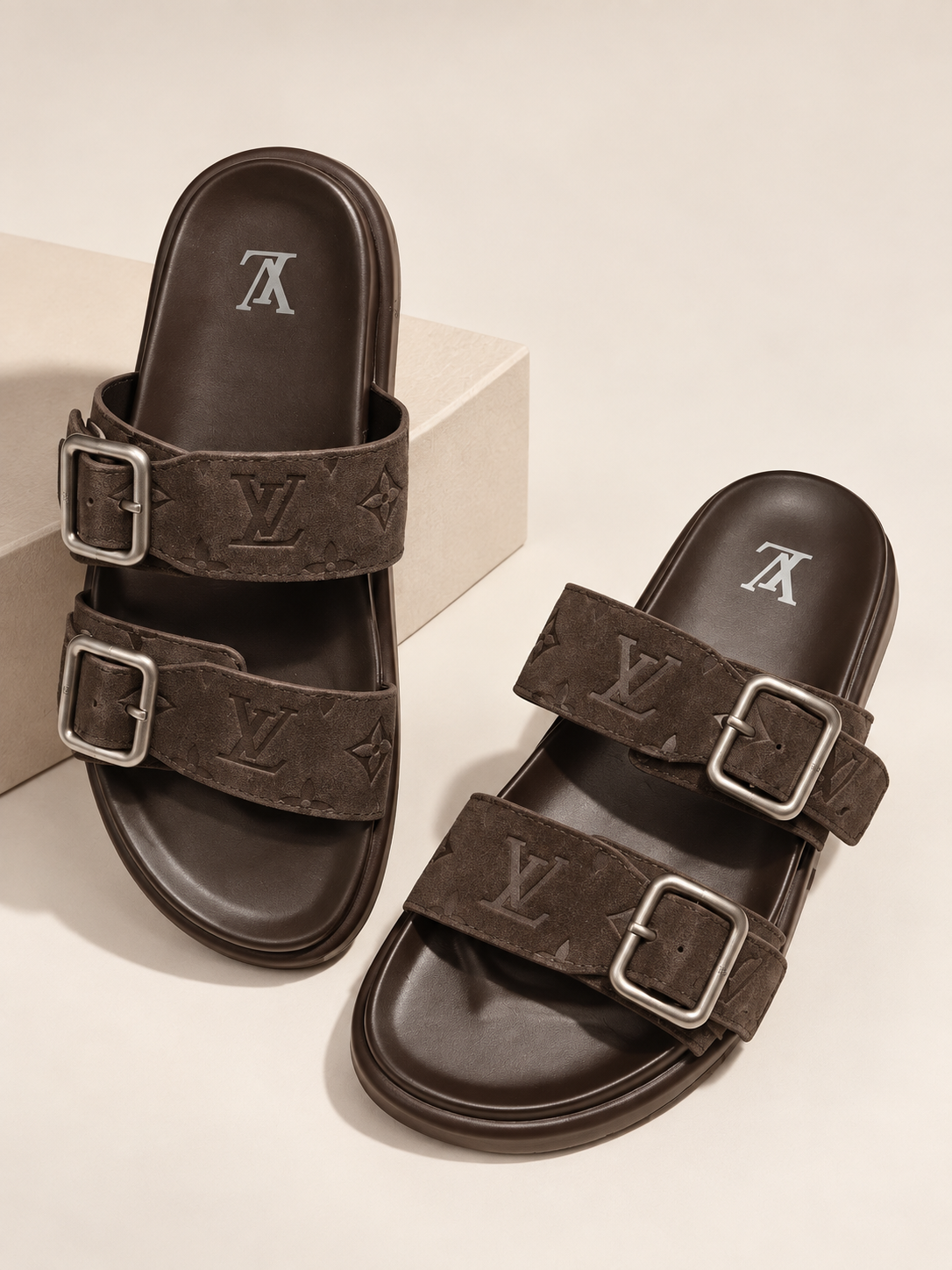 Dark Brown Monogram Double-Strap Slides