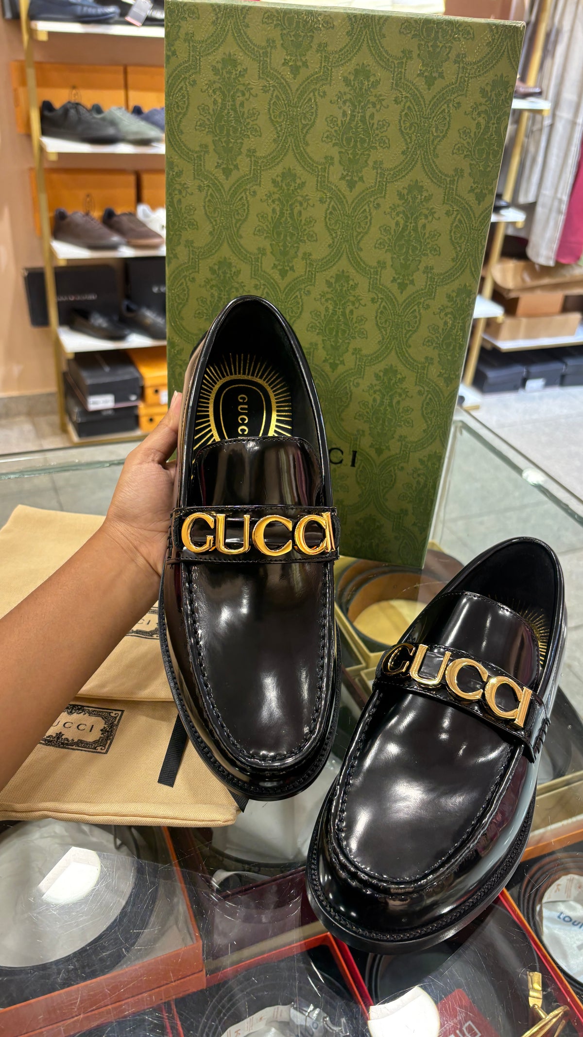 Glossy Black Gold-Buckle Loafers