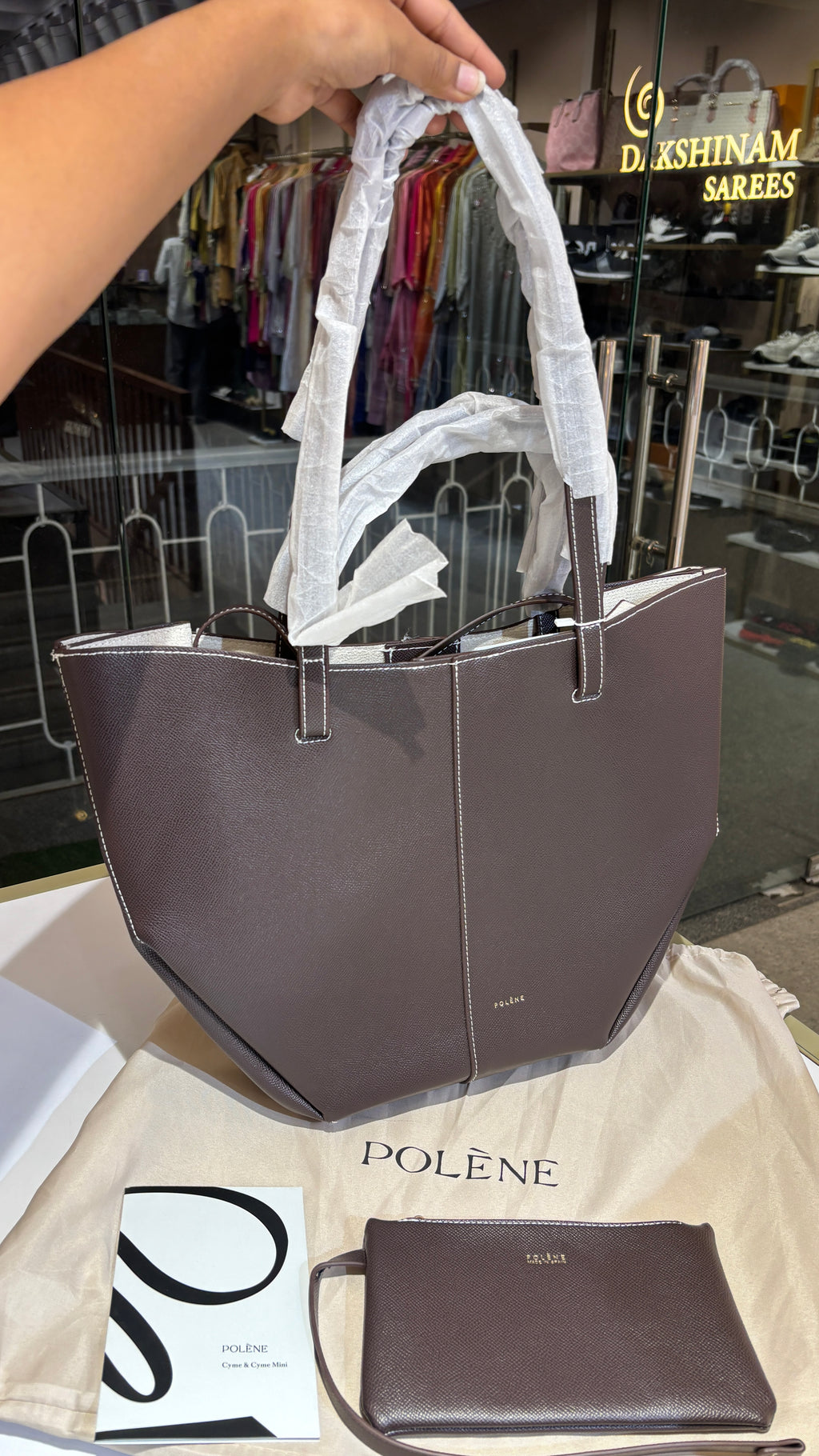 Dark brown Textured Leather Convertible Tote with Matching Pouch
