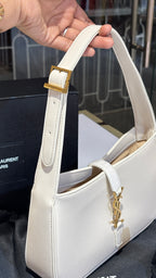White Leather Gold-Tone Emblem Shoulder Bag with pouch