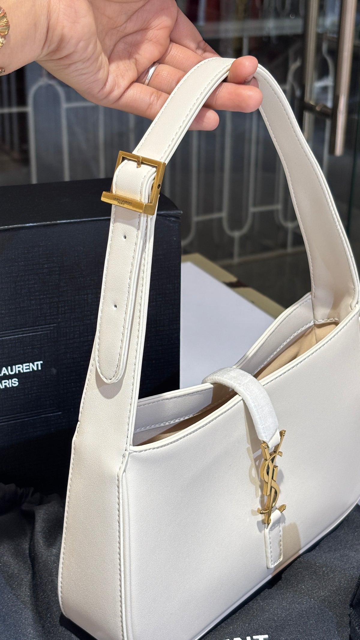 White Leather Gold-Tone Emblem Shoulder Bag with pouch