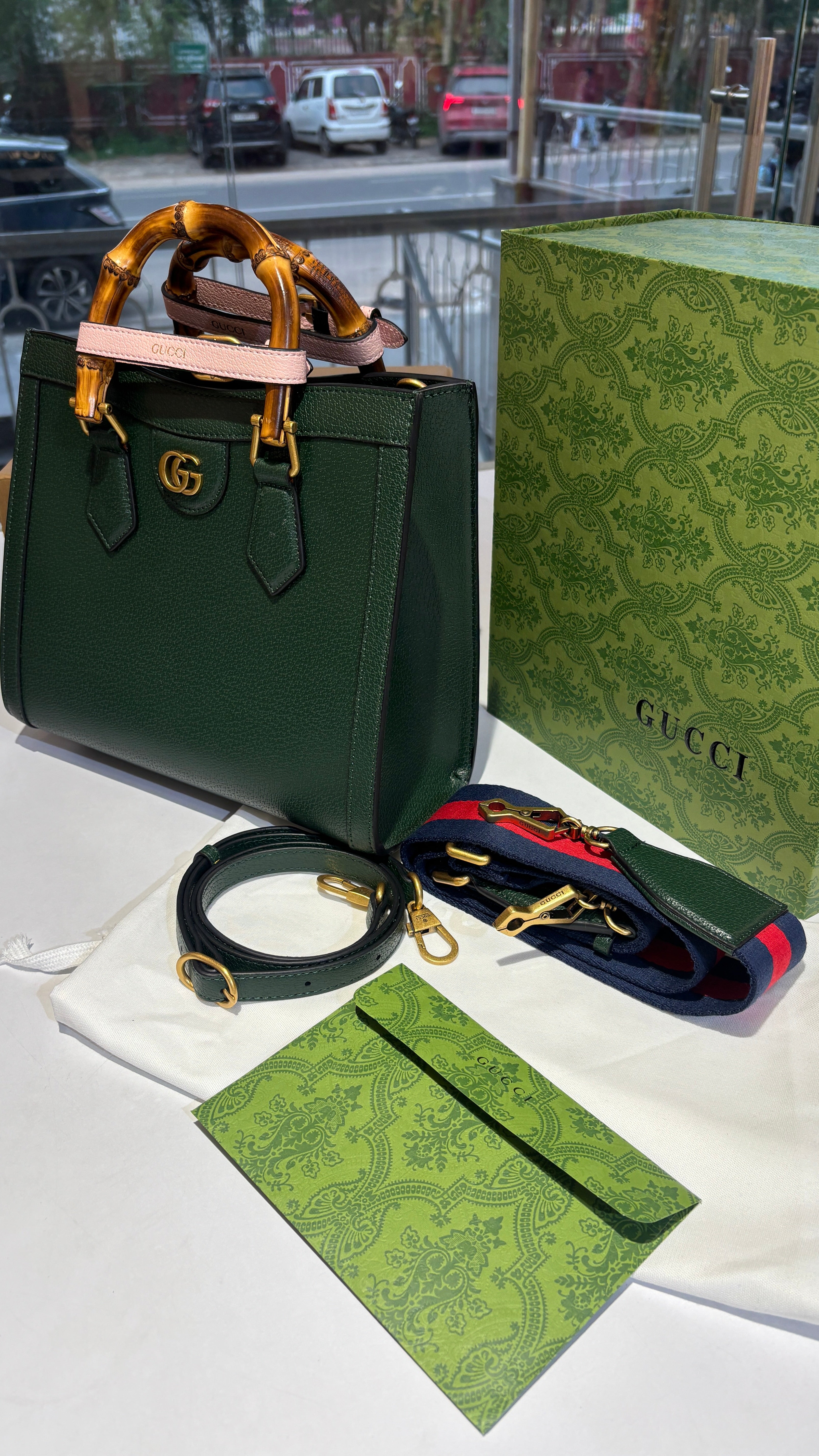 Emerald Tote Bag with Bamboo Top Handles