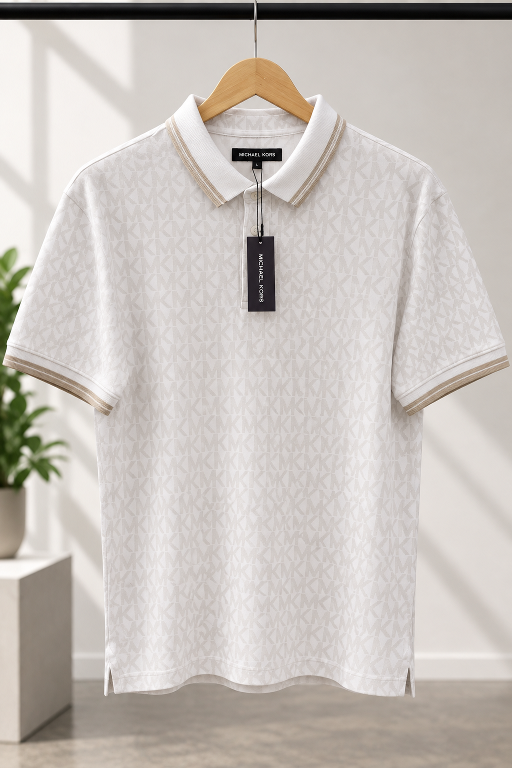 White Monogram Pattern Polo T-Shirt with Contrast Trim