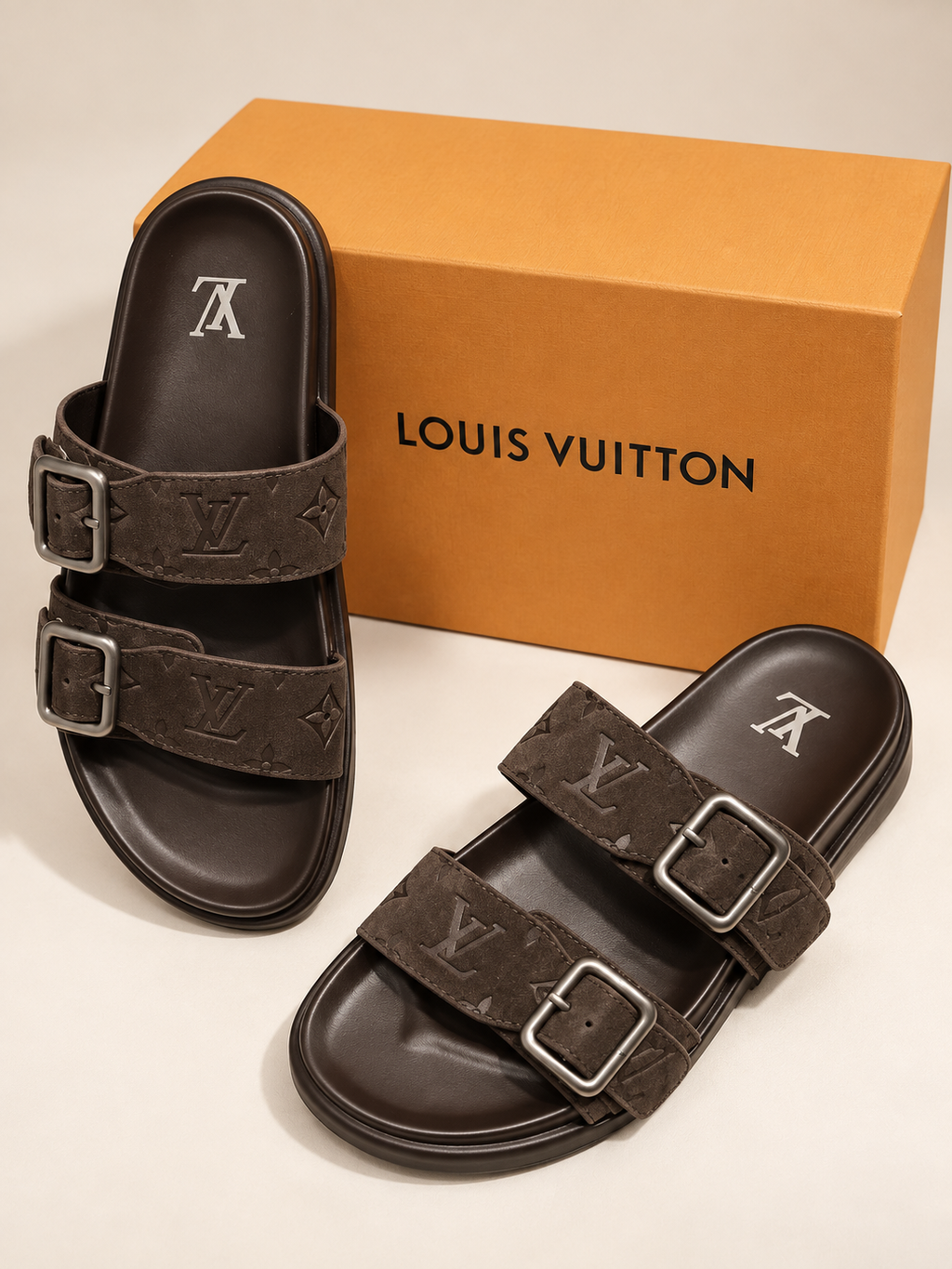 Dark Brown Monogram Double-Strap Slides