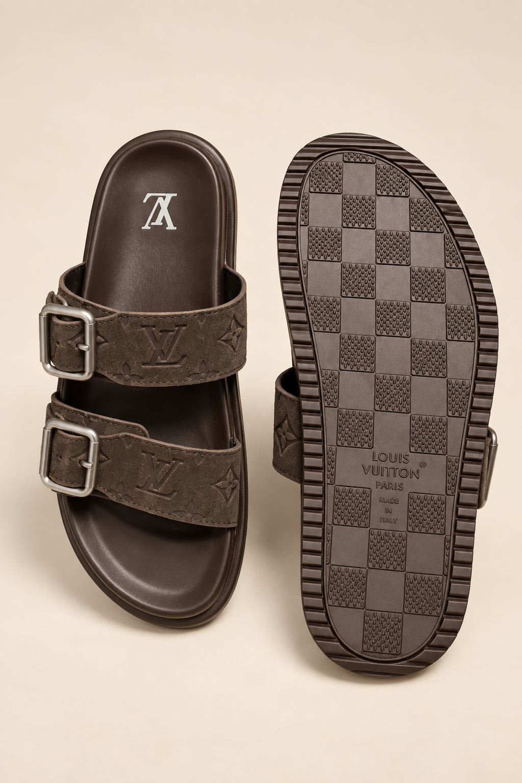 Dark Brown Monogram Double-Strap Slides