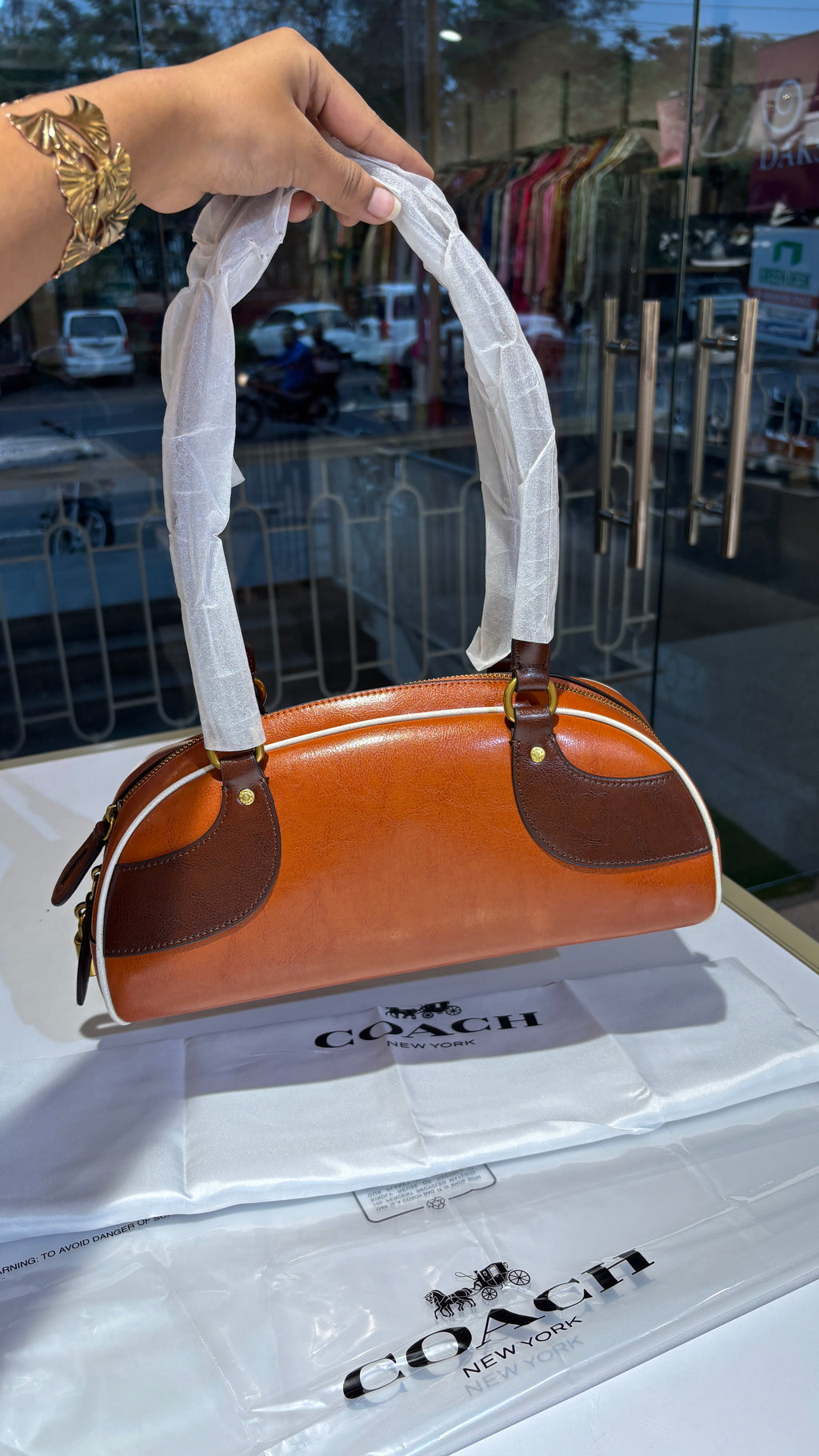 Vintage Two-Tone Leather Barrel Bag with Heart Charm
