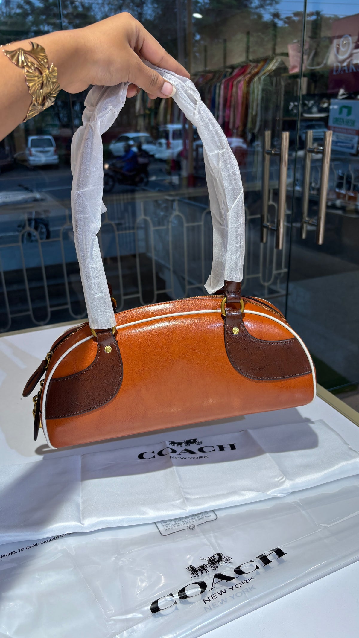Vintage Two-Tone Leather Barrel Bag with Heart Charm