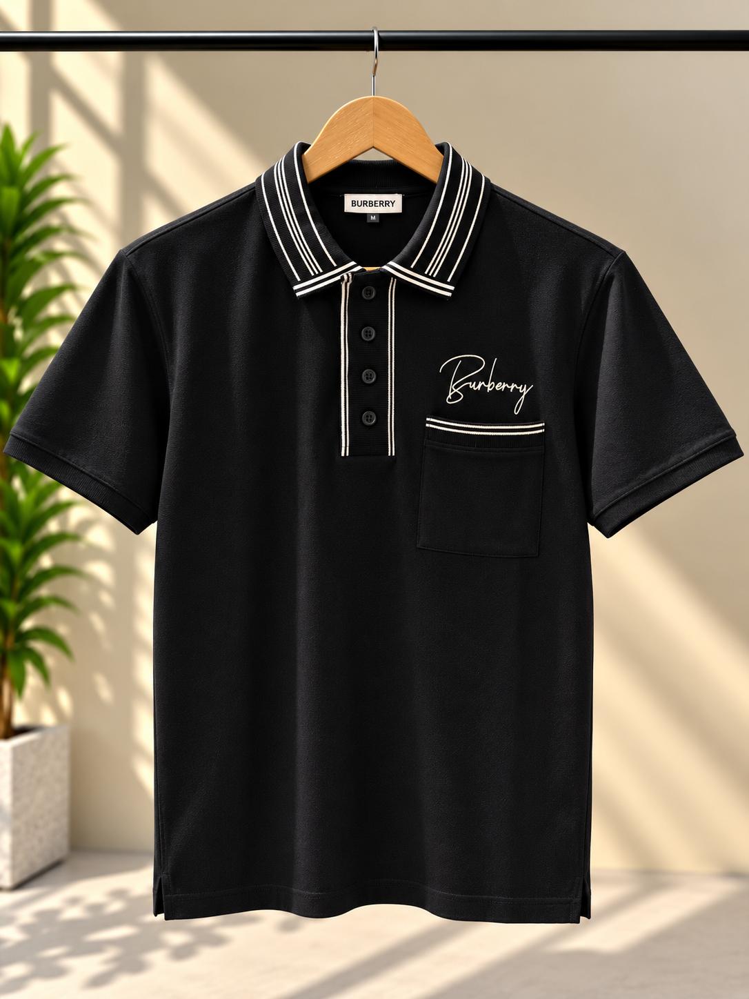 Black Striped Collar Pocket Polo T-Shirt