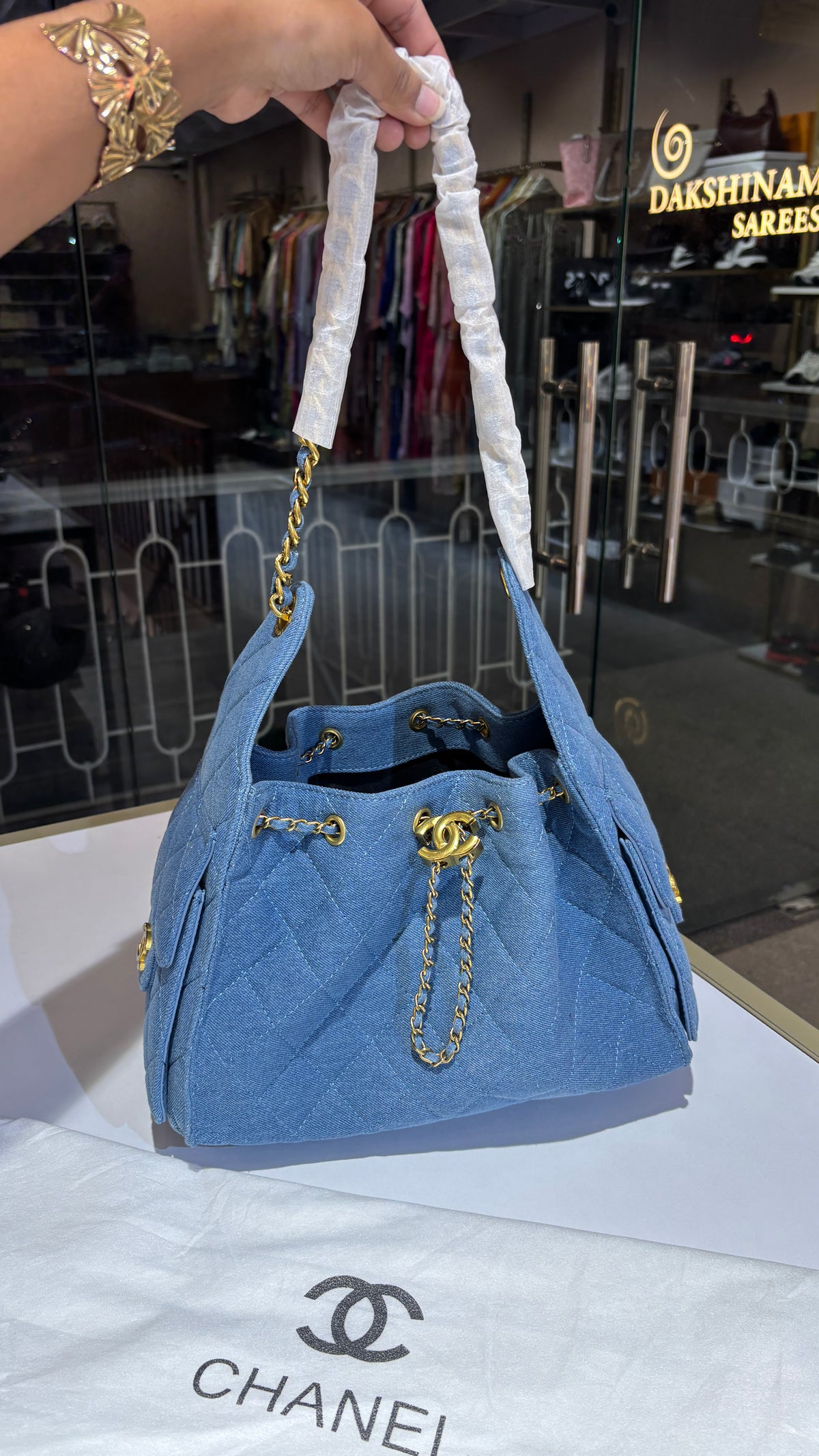 C25 denim shoulder bag