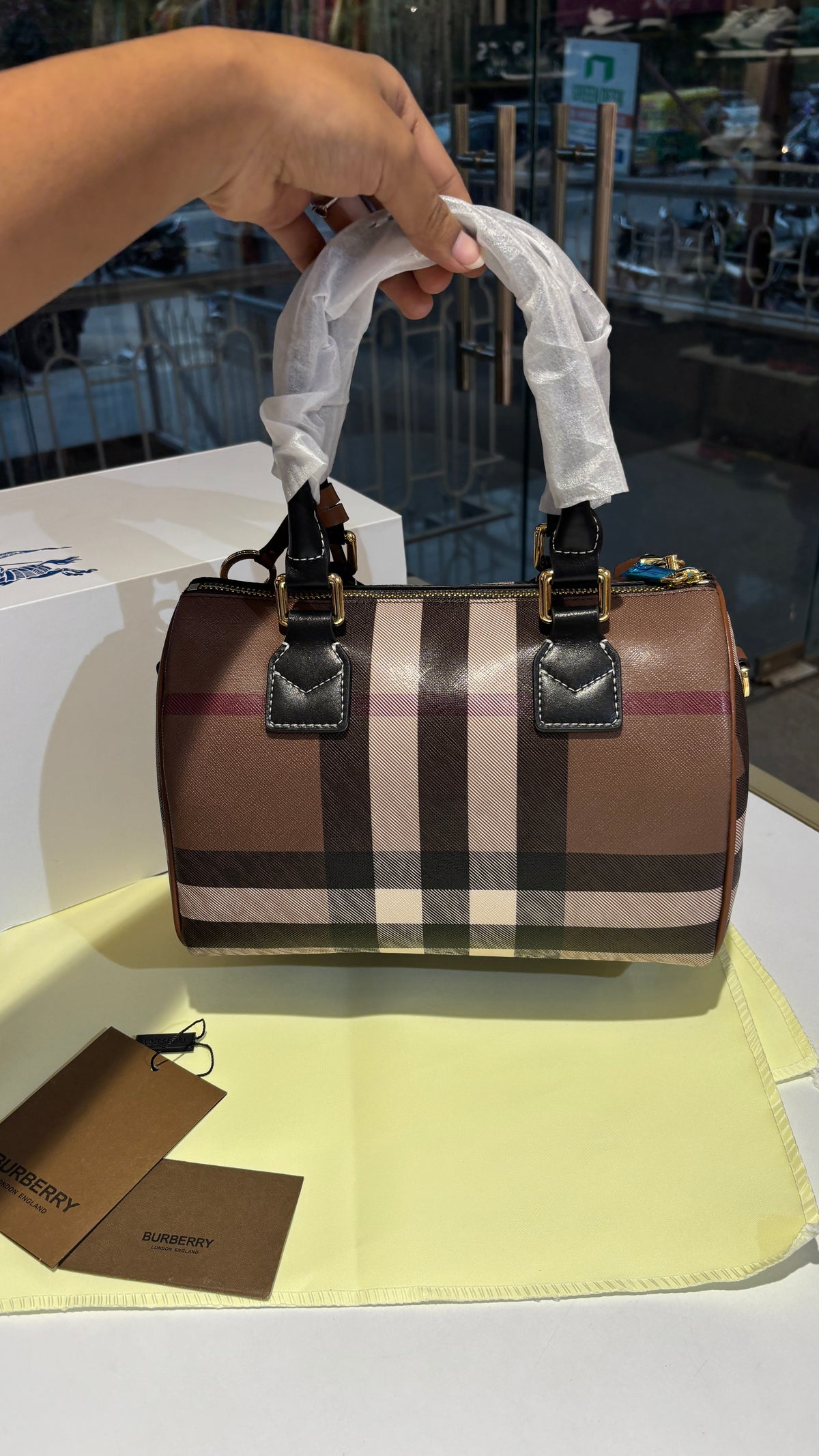Signature Check Leather Barrel Bag