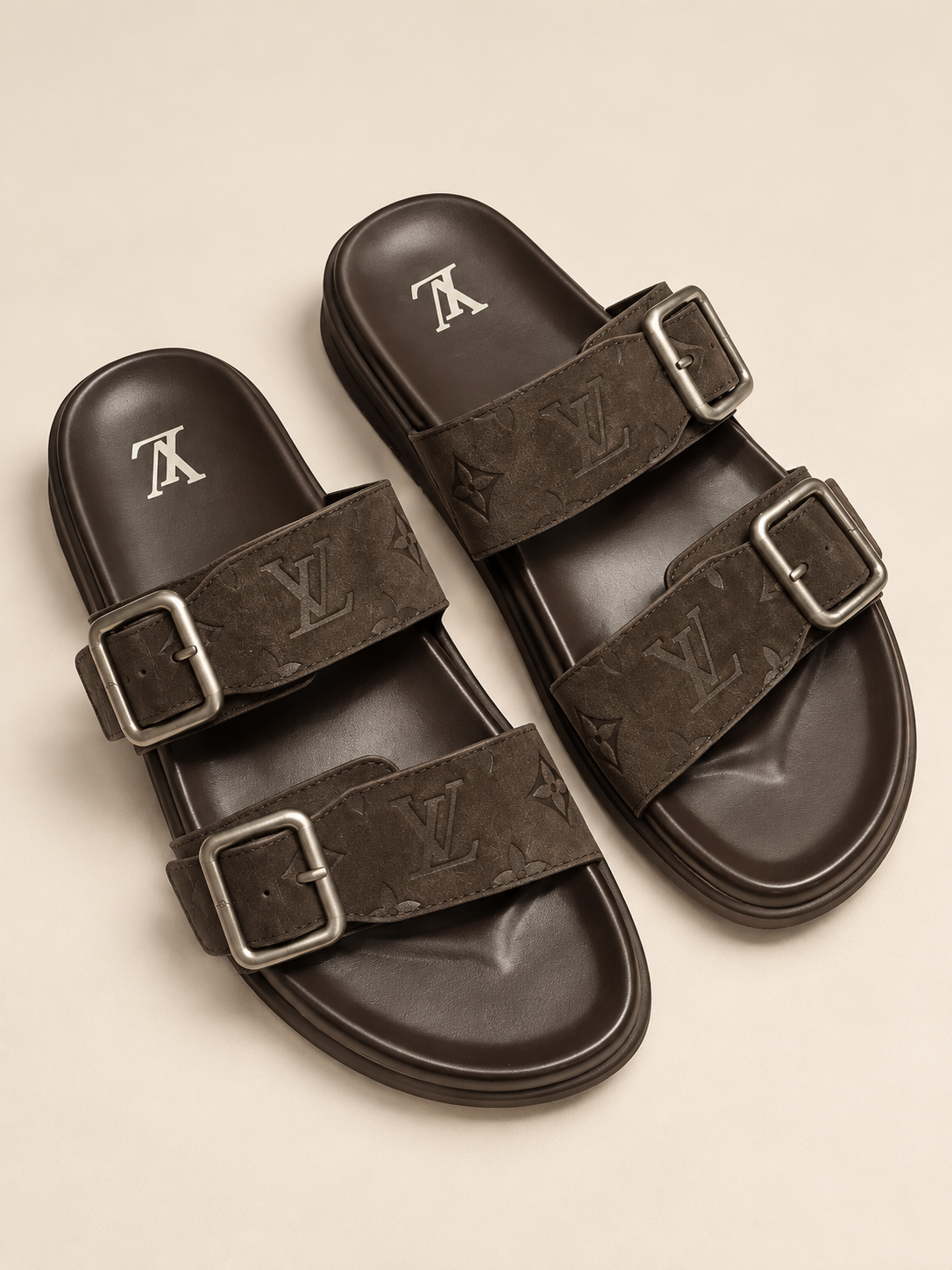 Dark Brown Monogram Double-Strap Slides