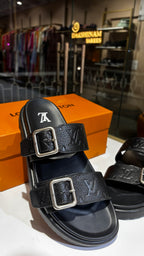 Monogram Embossed Leather Dual-Strap Buckle Slides