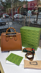 Brown Tote Bag with Bamboo Top Handles