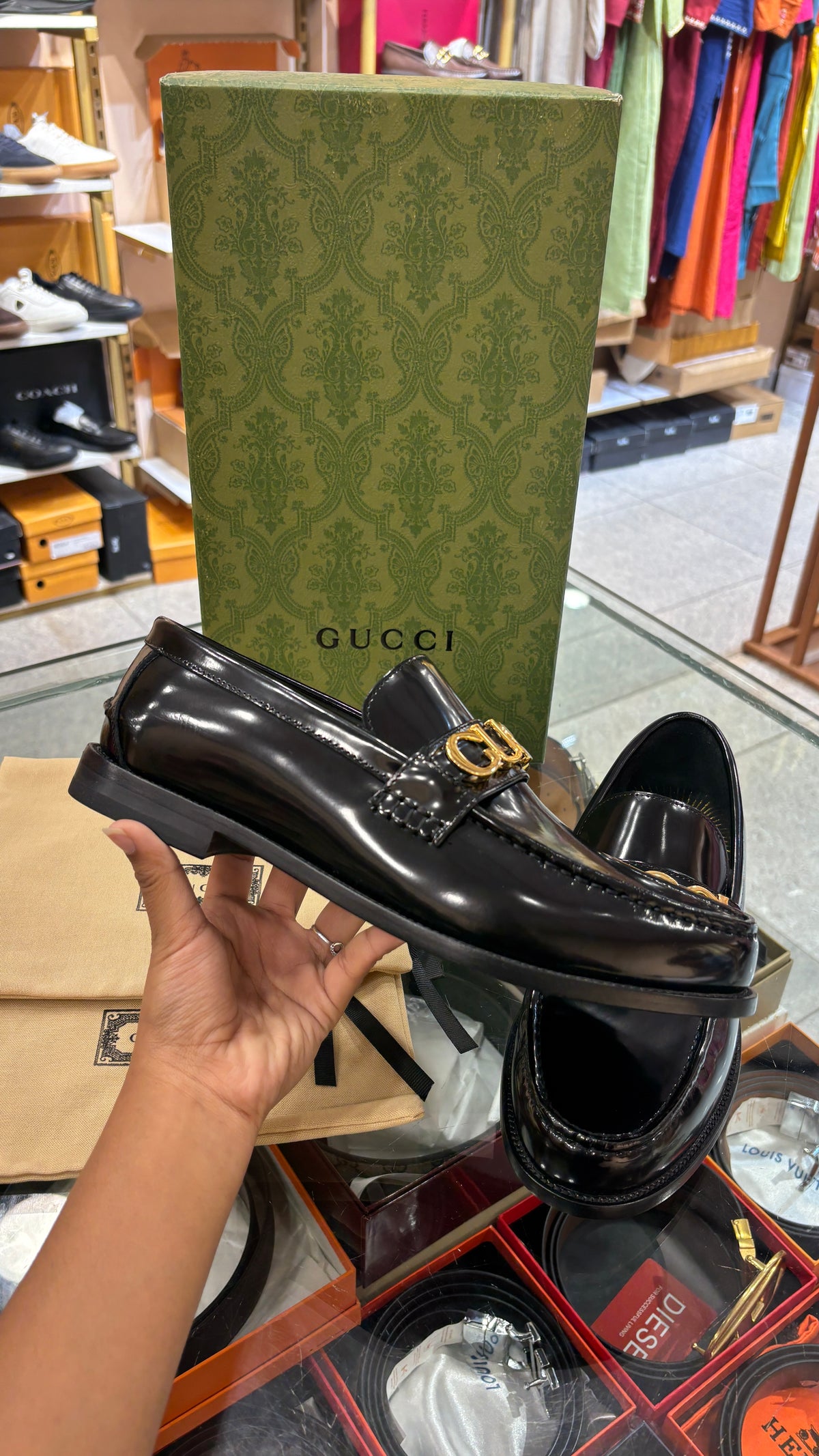 Glossy Black Gold-Buckle Loafers