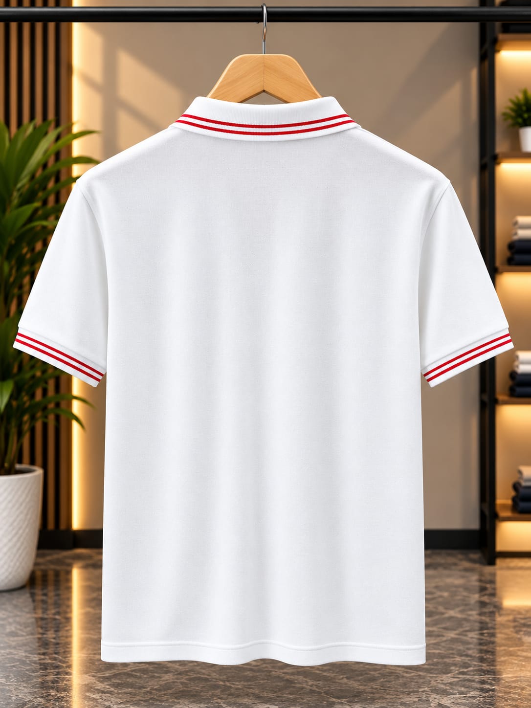 Men’s White Polo T-Shirt with Red Striped Collar & Sleeve Details