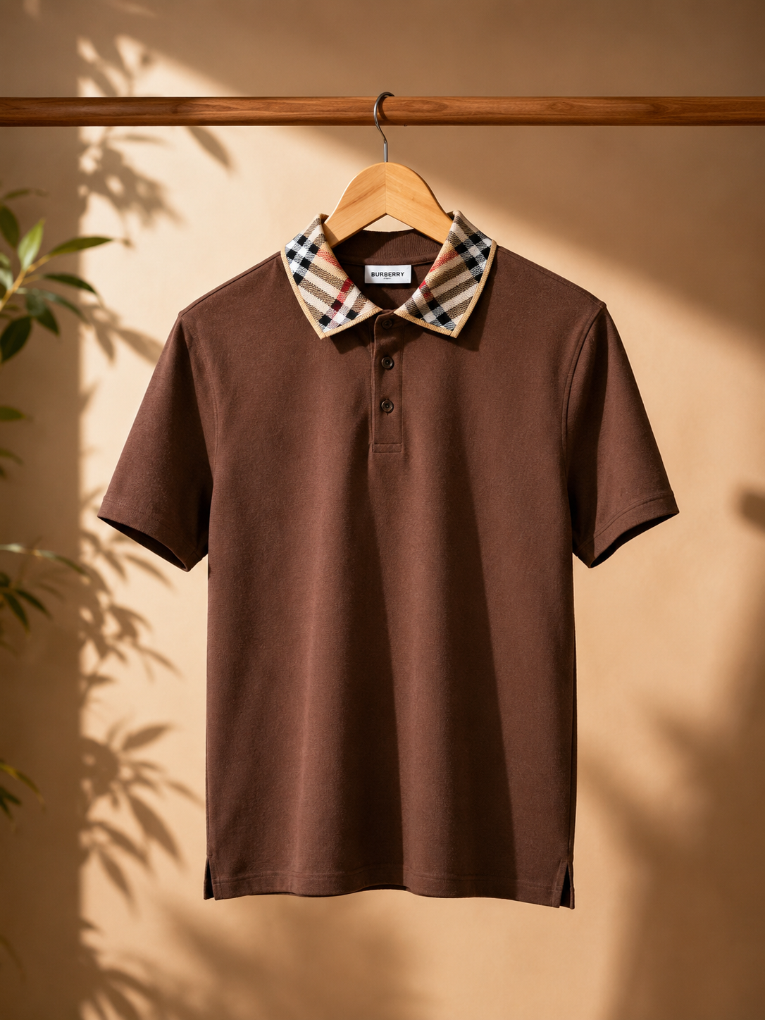 Classic Brown Check-Collar Polo T-Shirt