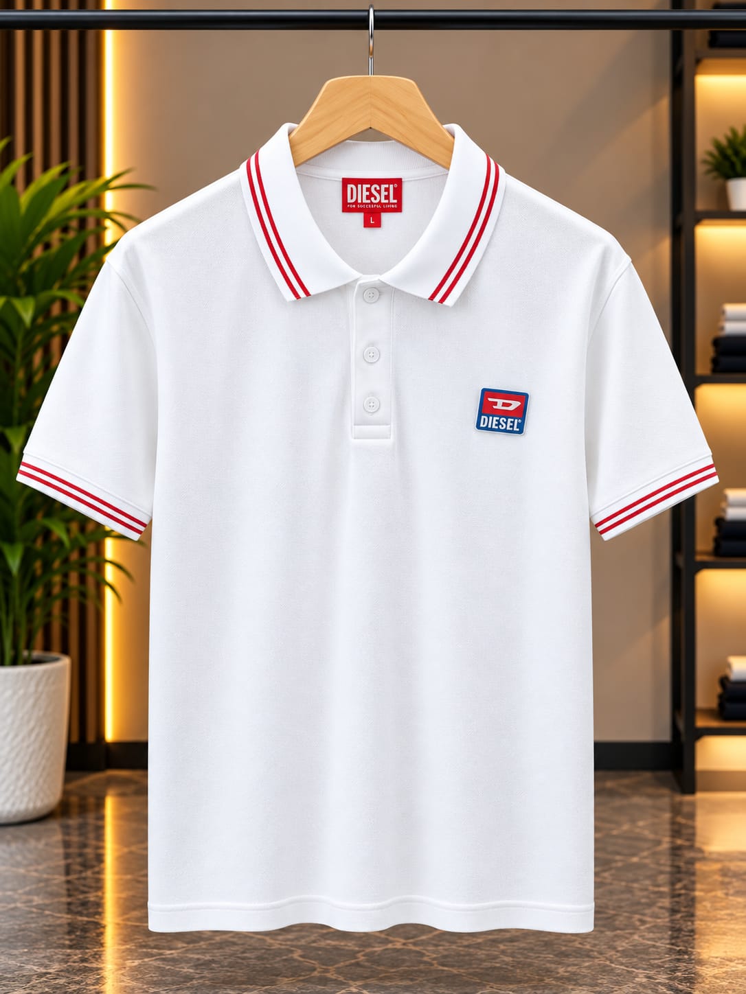 Men’s White Polo T-Shirt with Red Striped Collar & Sleeve Details