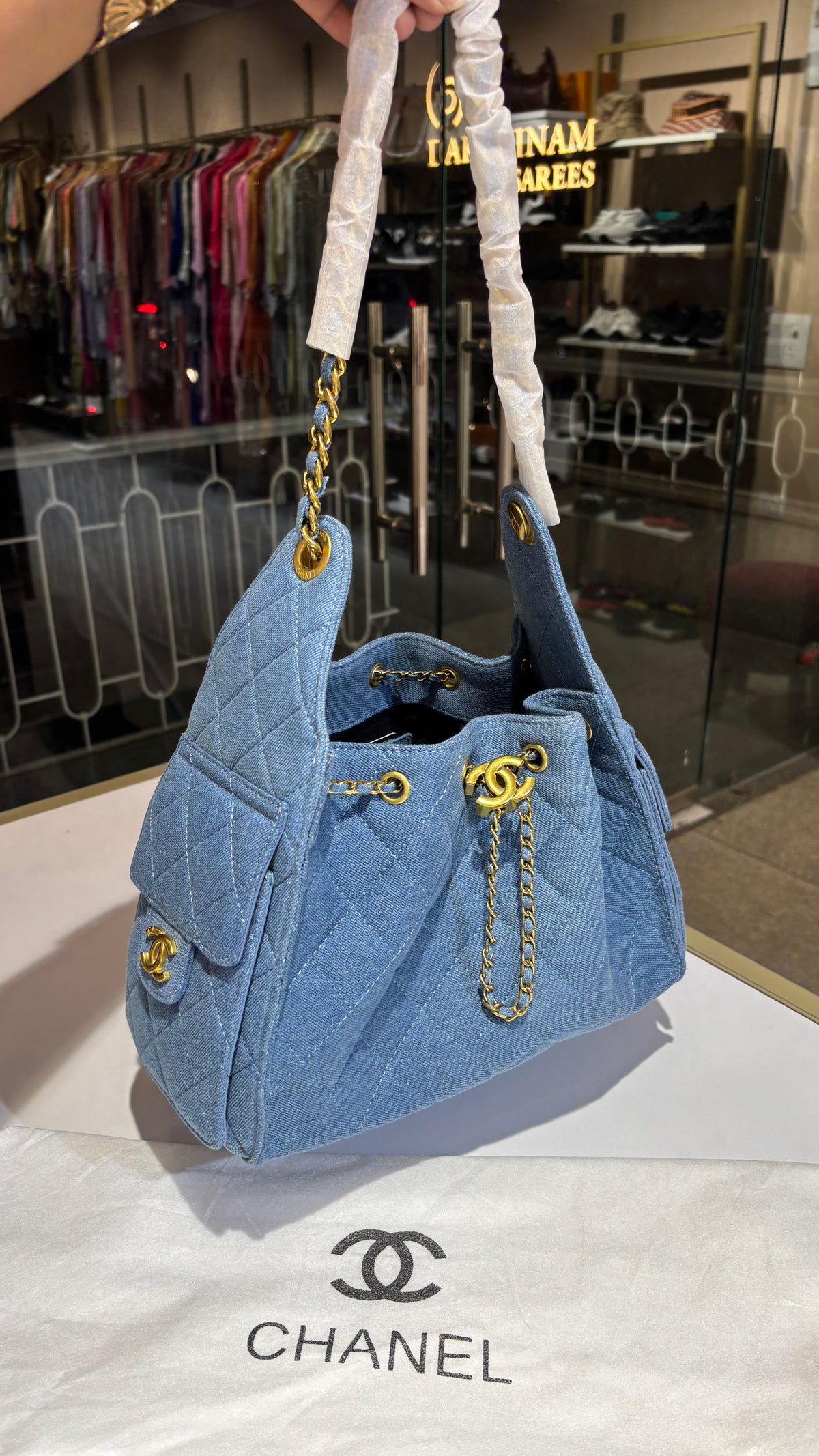 C25 denim shoulder bag