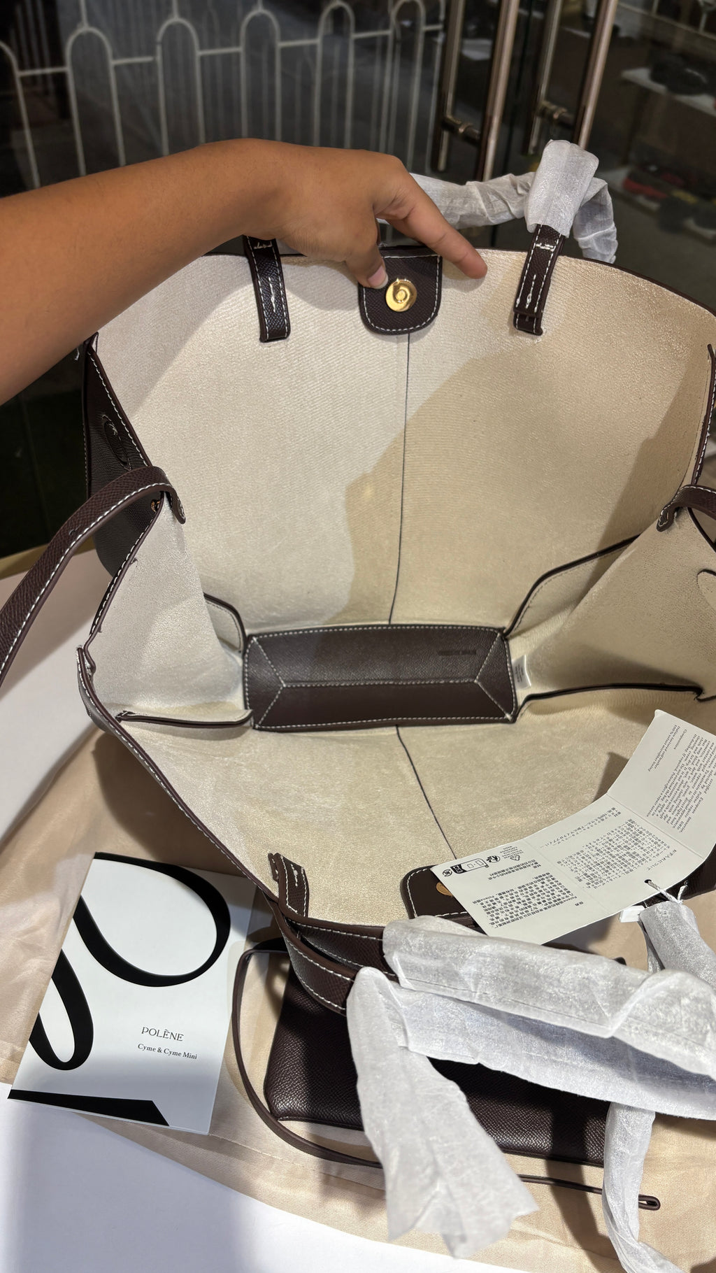 Dark brown Textured Leather Convertible Tote with Matching Pouch