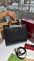 Black Tote Bag with Bamboo Top Handles