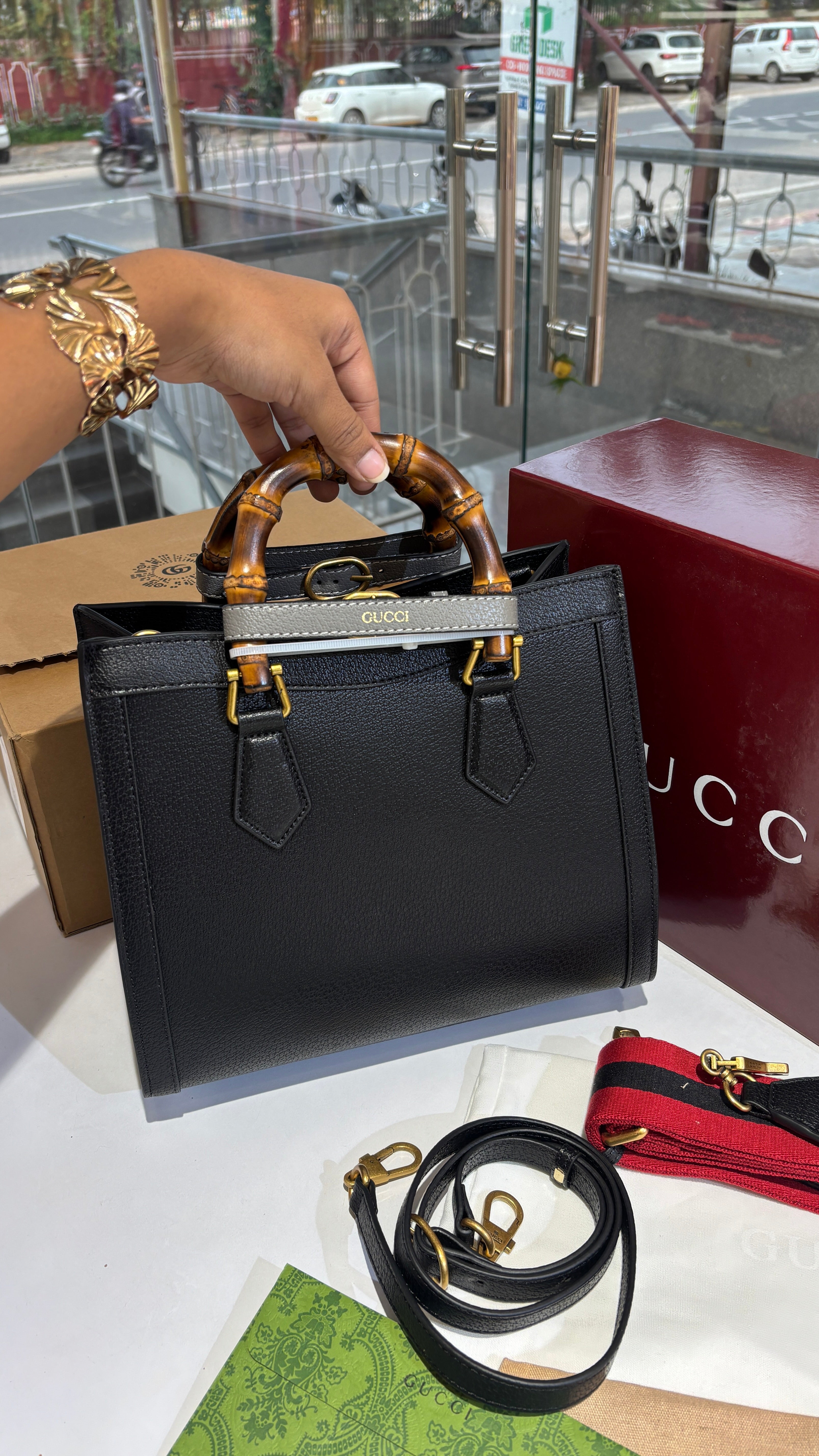 Black Tote Bag with Bamboo Top Handles