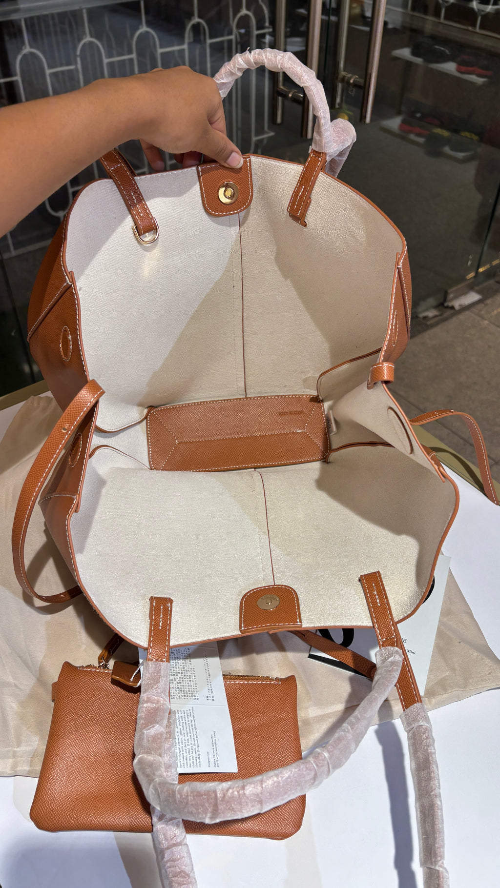Tan Textured Leather convertibleTote with Matching Pouch