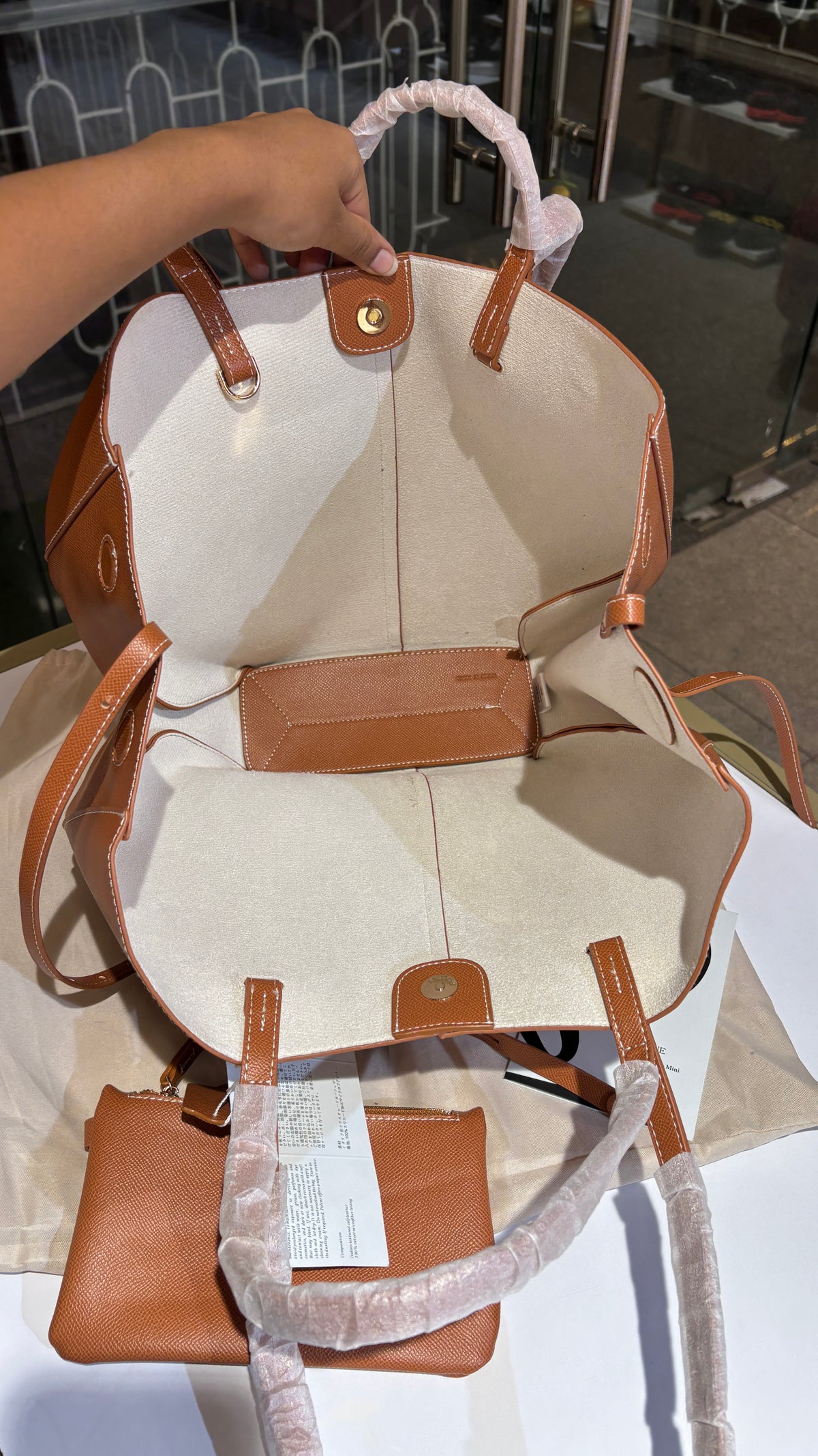 Tan Textured Leather convertibleTote with Matching Pouch