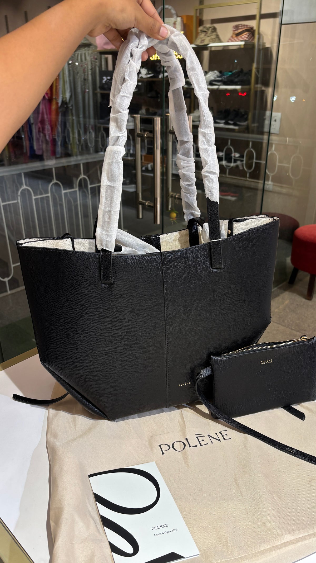 Black Textured Leather ConvertibleTote with Matching Pouch