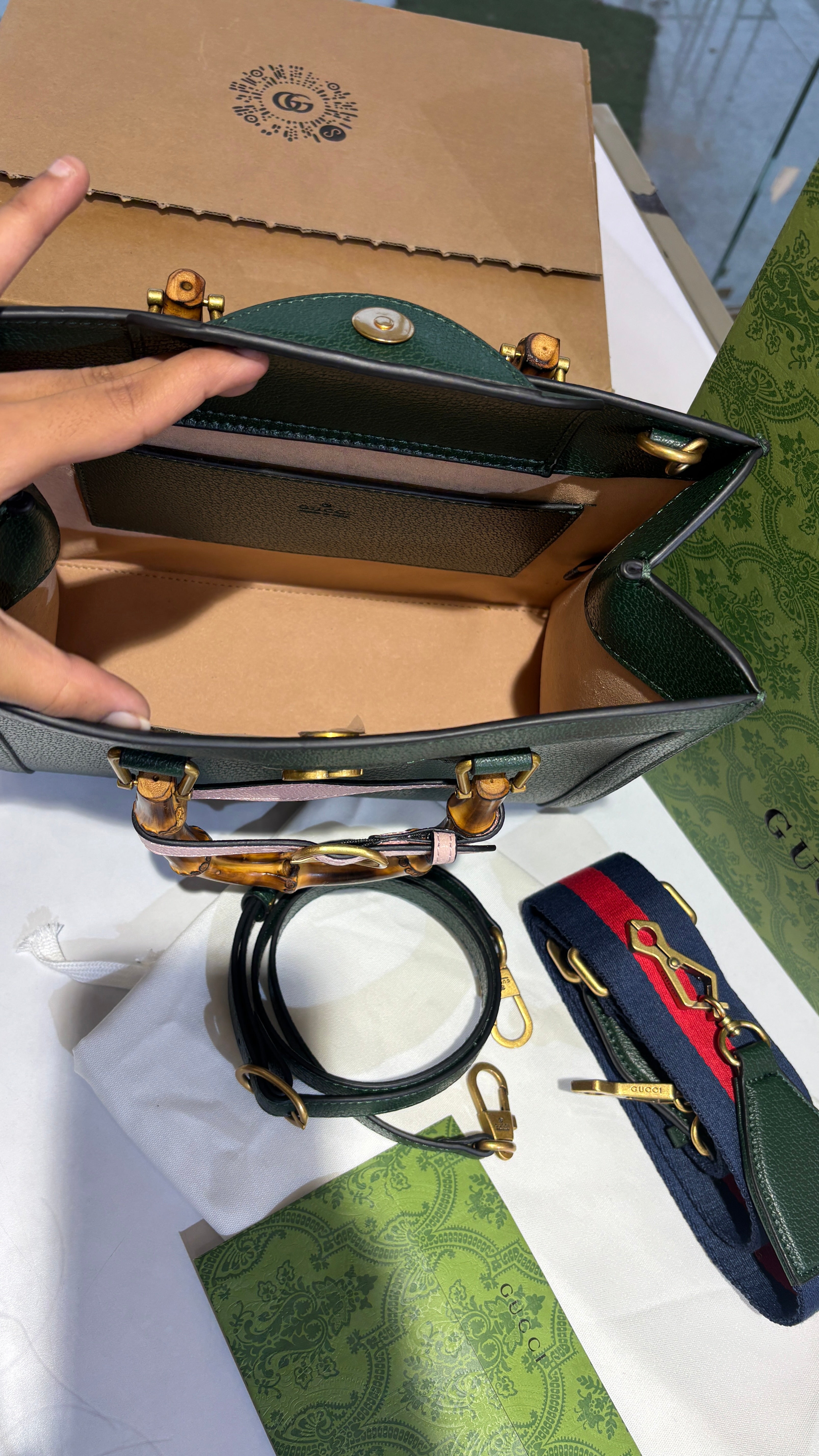 Emerald Tote Bag with Bamboo Top Handles