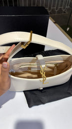 White Leather Gold-Tone Emblem Shoulder Bag with pouch