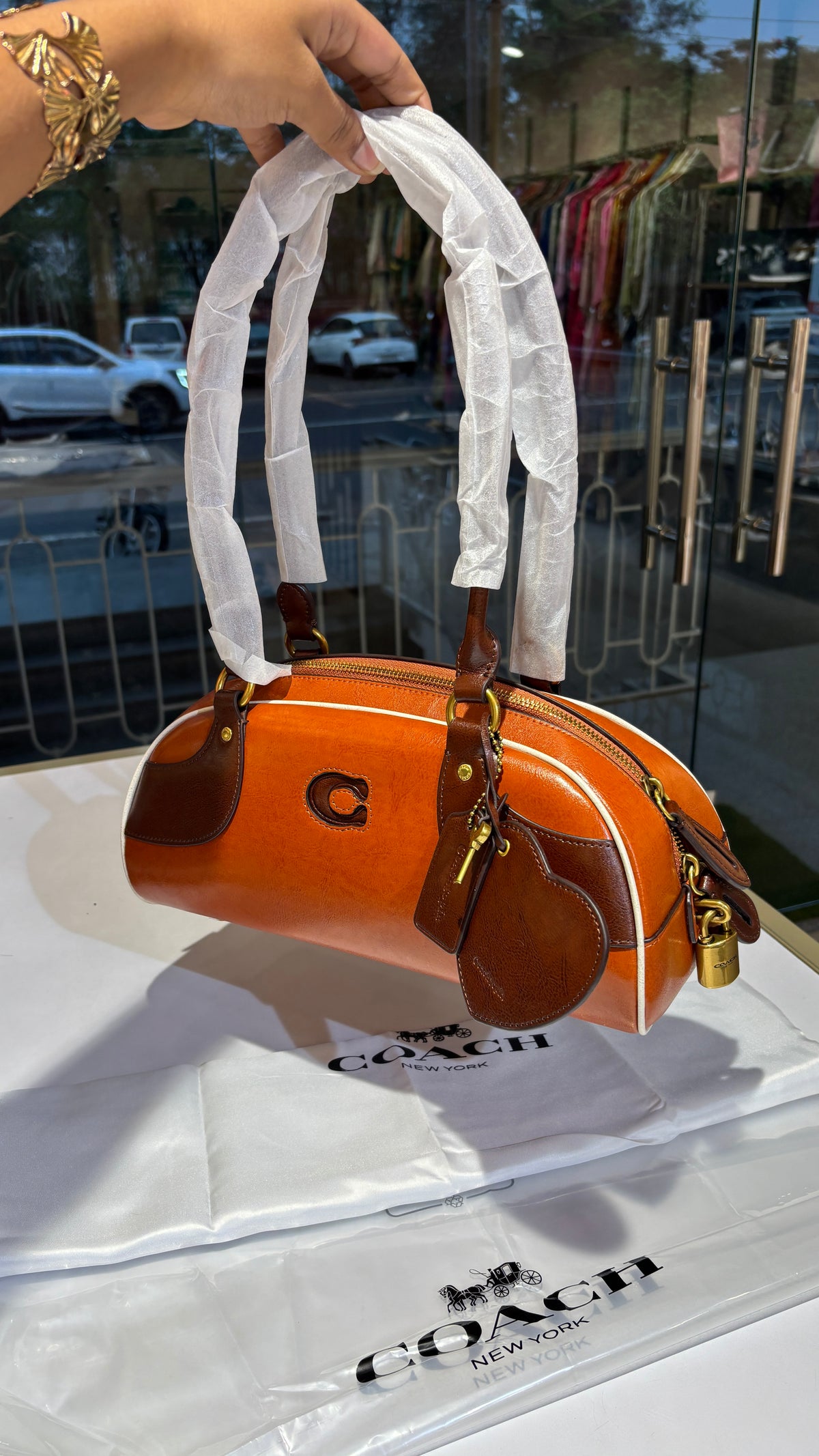 Vintage Two-Tone Leather Barrel Bag with Heart Charm