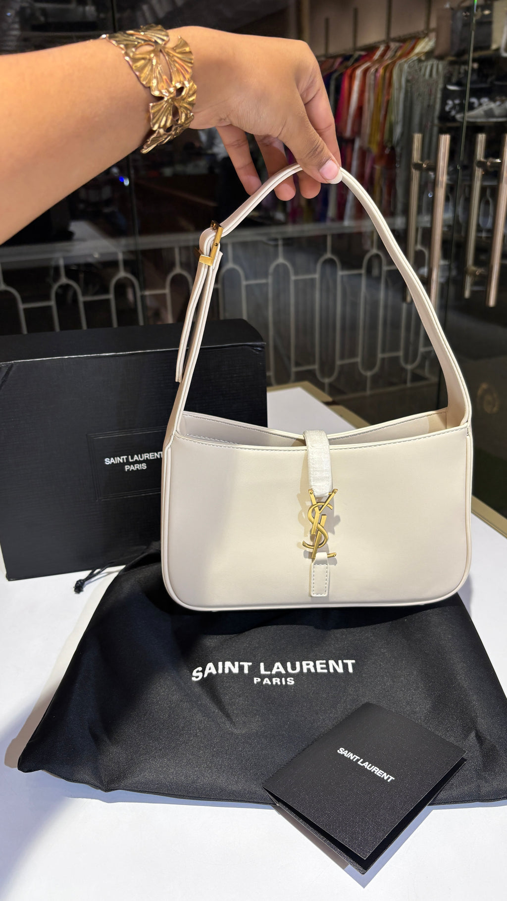 White Leather Gold-Tone Emblem Shoulder Bag with pouch