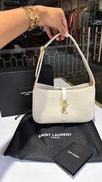 White Leather Gold-Tone Emblem Shoulder Bag with pouch