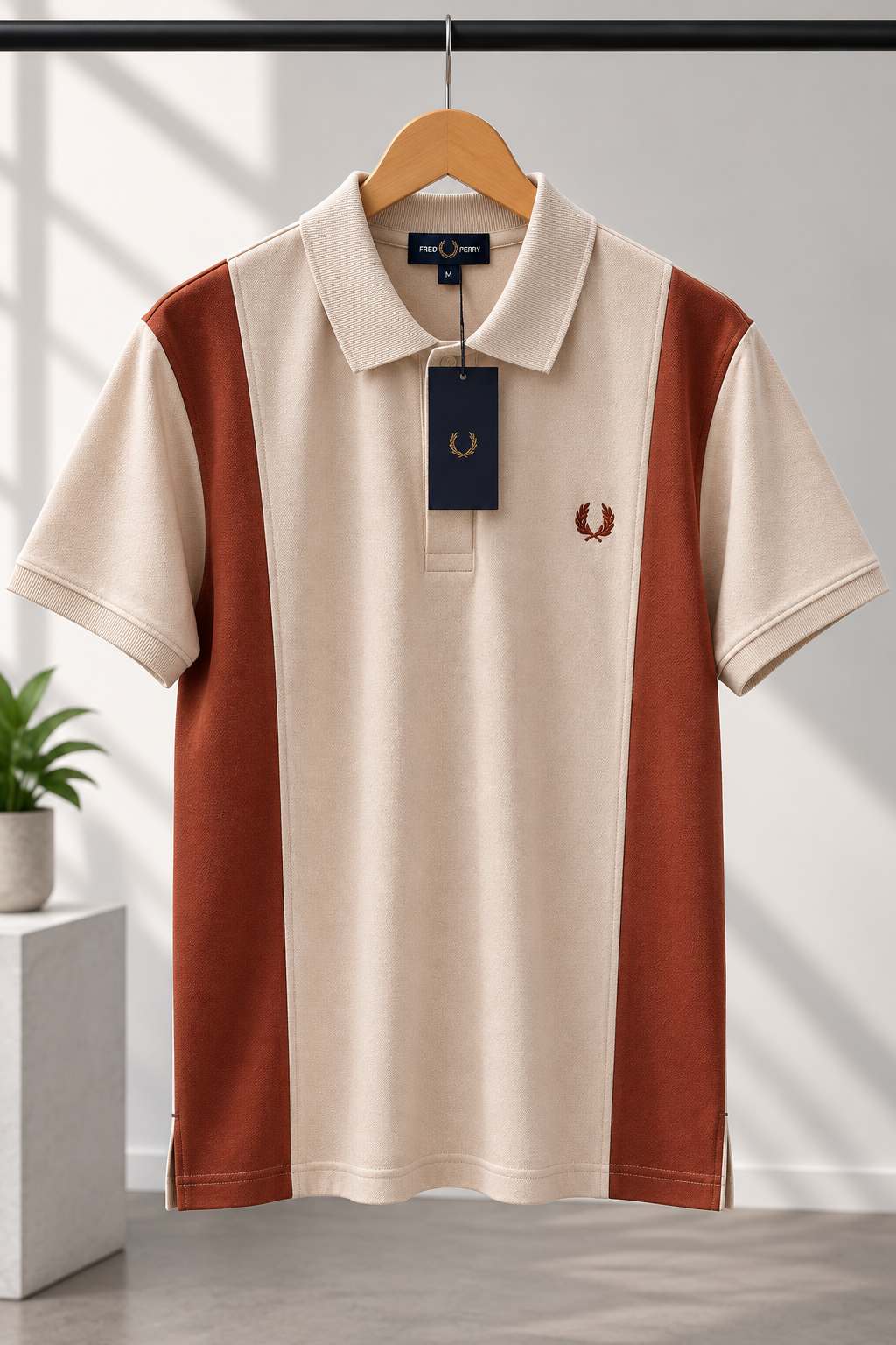 Cream & Rust Color-Block Contrast Panel Polo T-Shirt