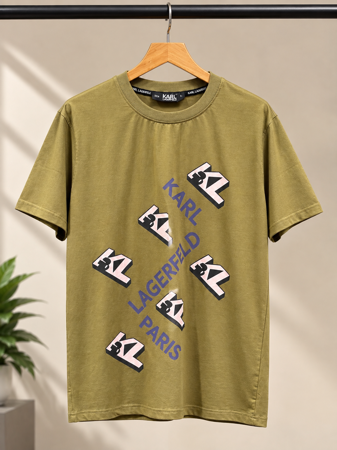 Olive Green Geometric Logo Print Crew Neck T-Shirt