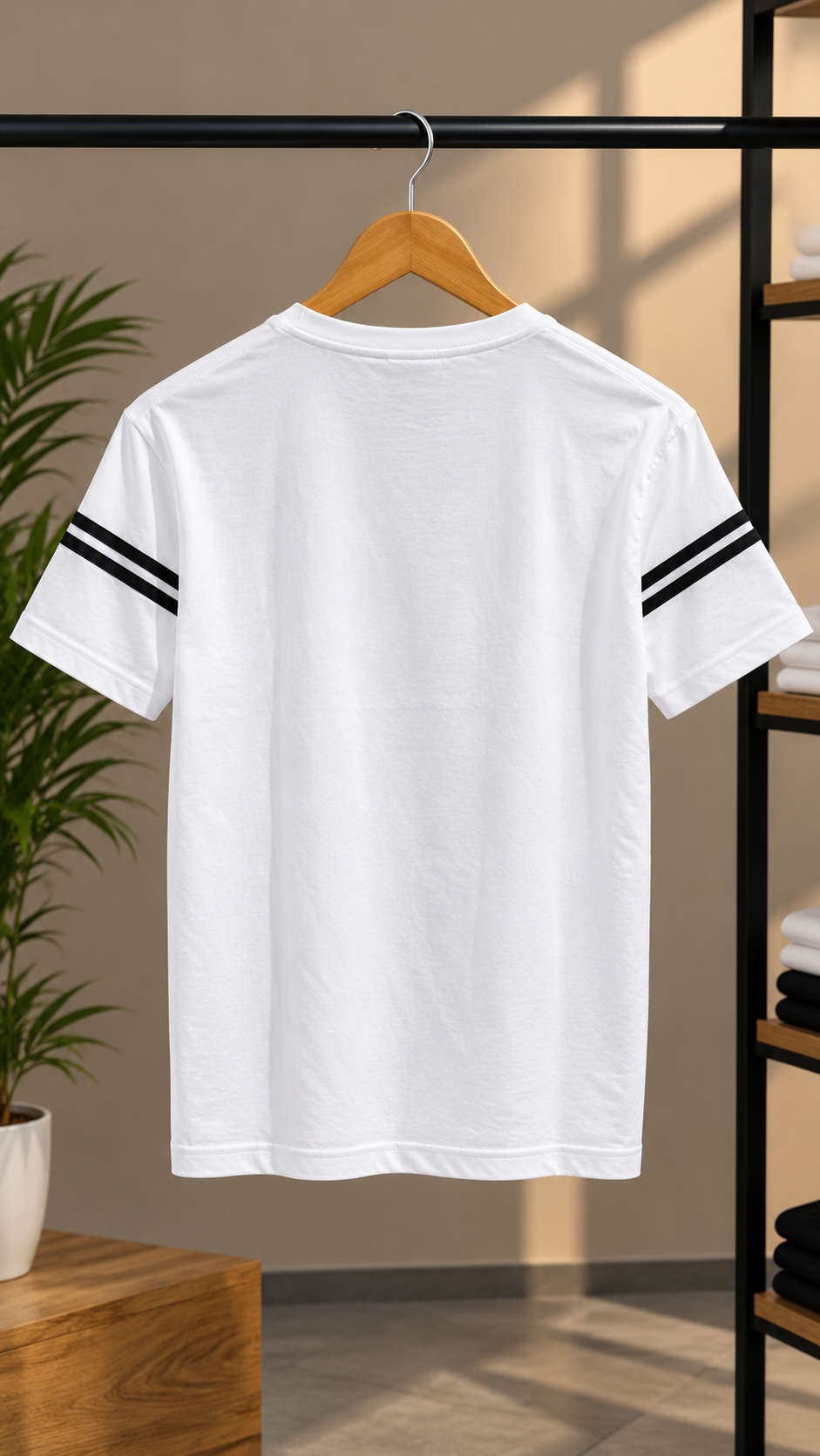 Men’s White Crew Neck T-Shirt with Contrast Sleeve Stripes