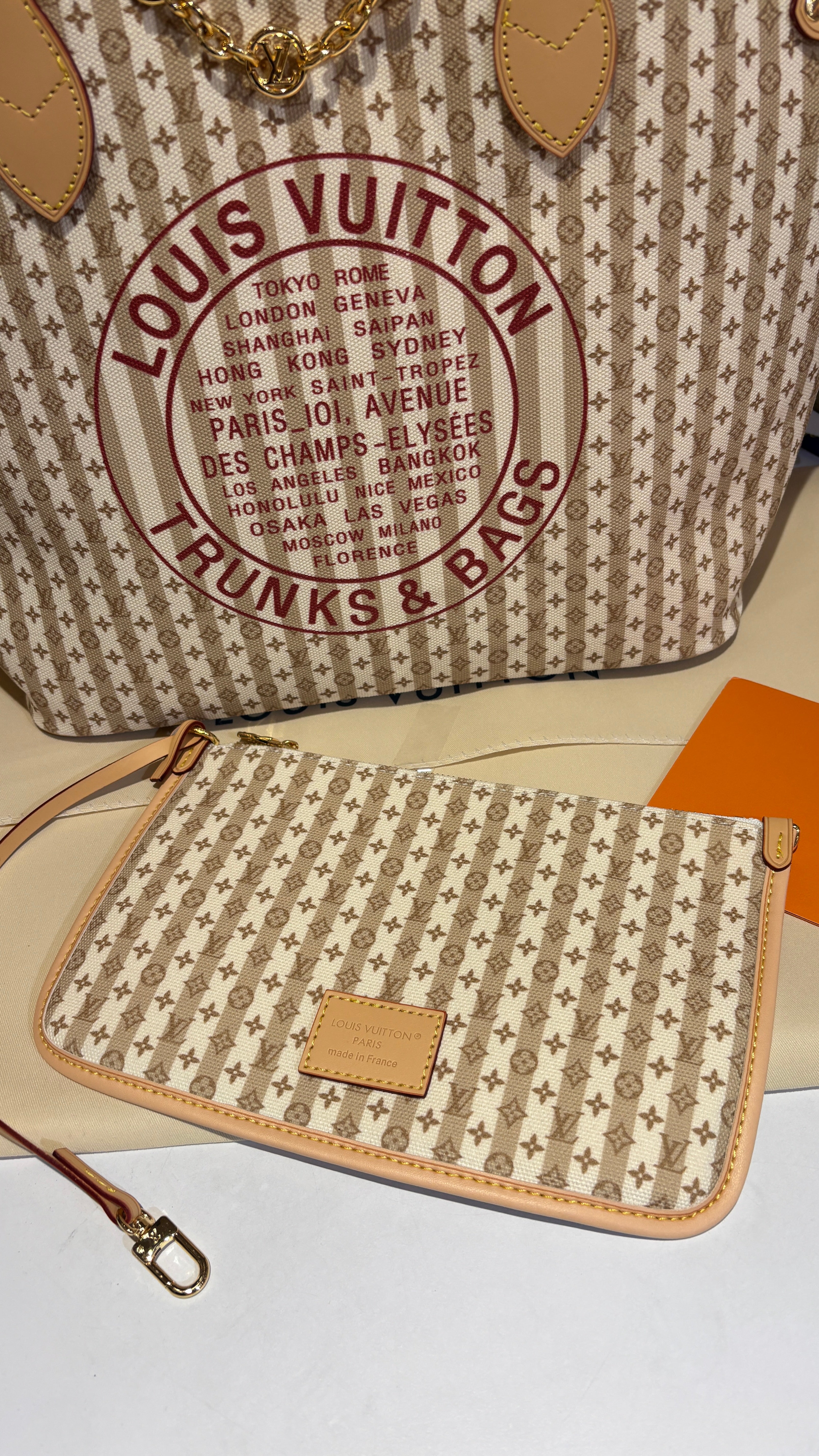 Striped Monogram Canvas Tote with pouch