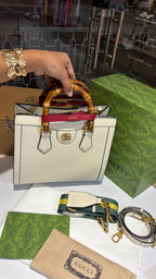 White Tote Bag with Bamboo Top Handles