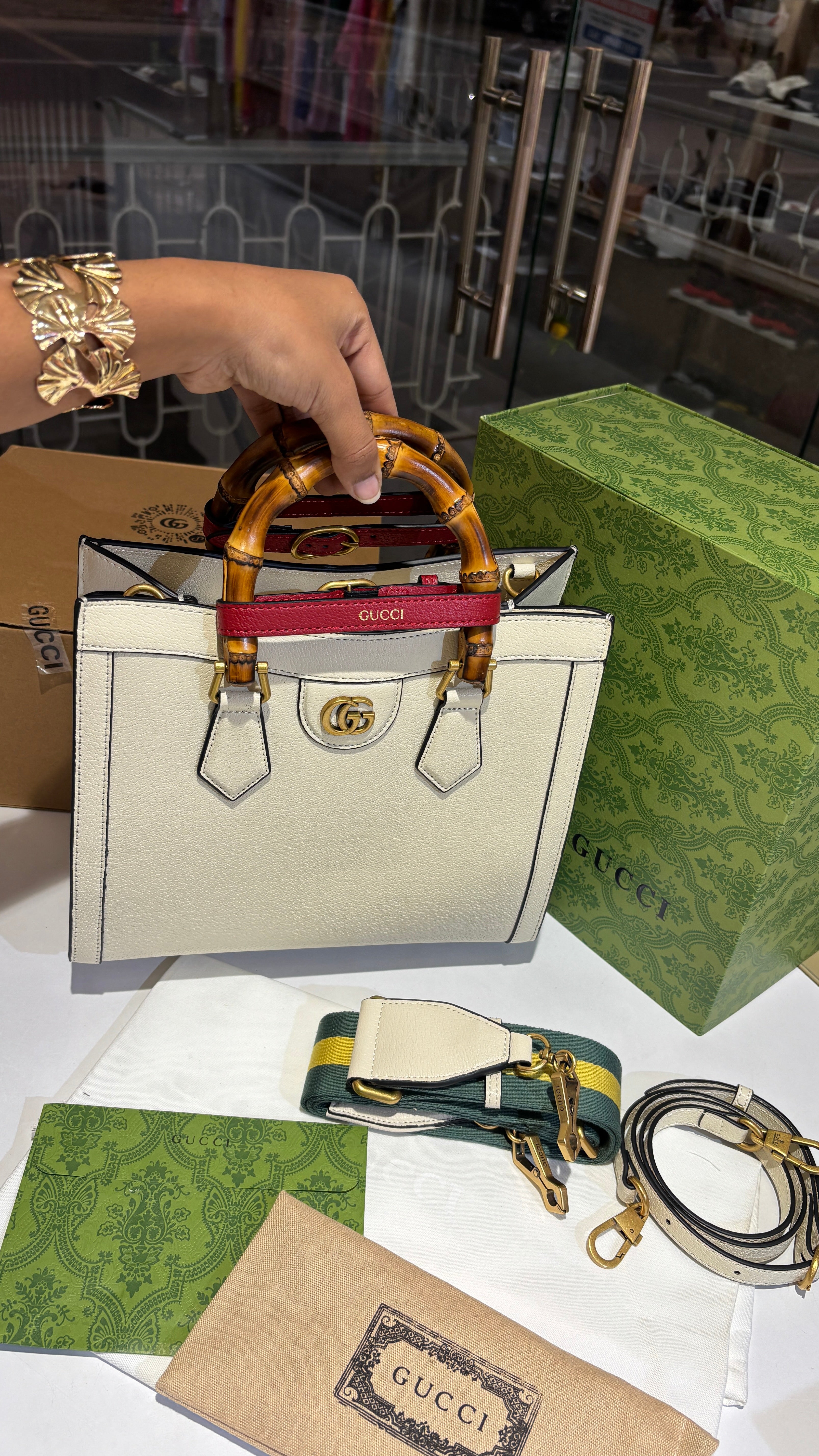 White Tote Bag with Bamboo Top Handles